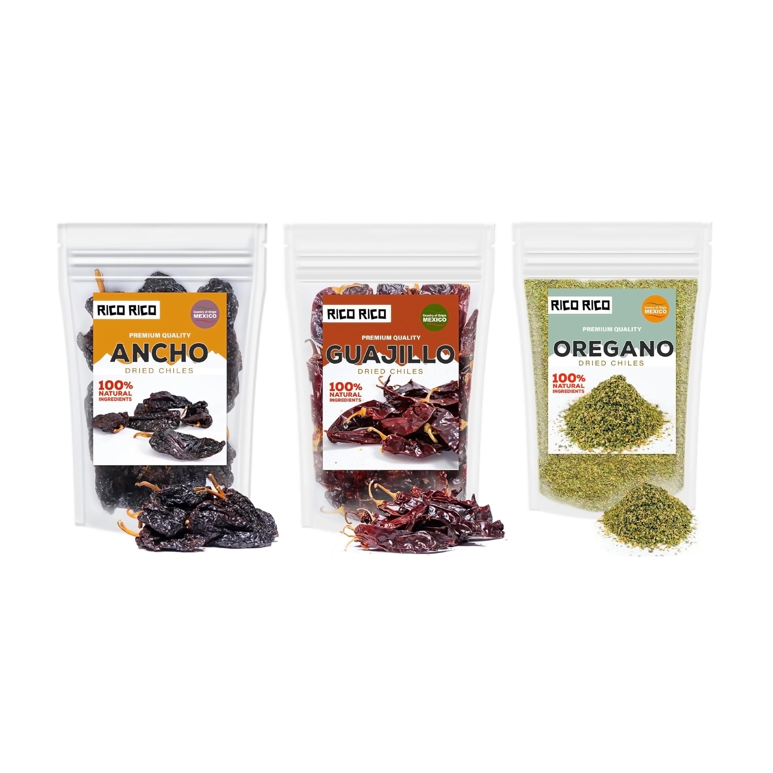 RICO RICO Dried Chile Peppers 3 Pack (12 Oz) - Mexican Cuisine - Ancho & Guajillo Chiles with Mexican Oregano, Essential for Authentic Mexican Recipes, Resealable Bags