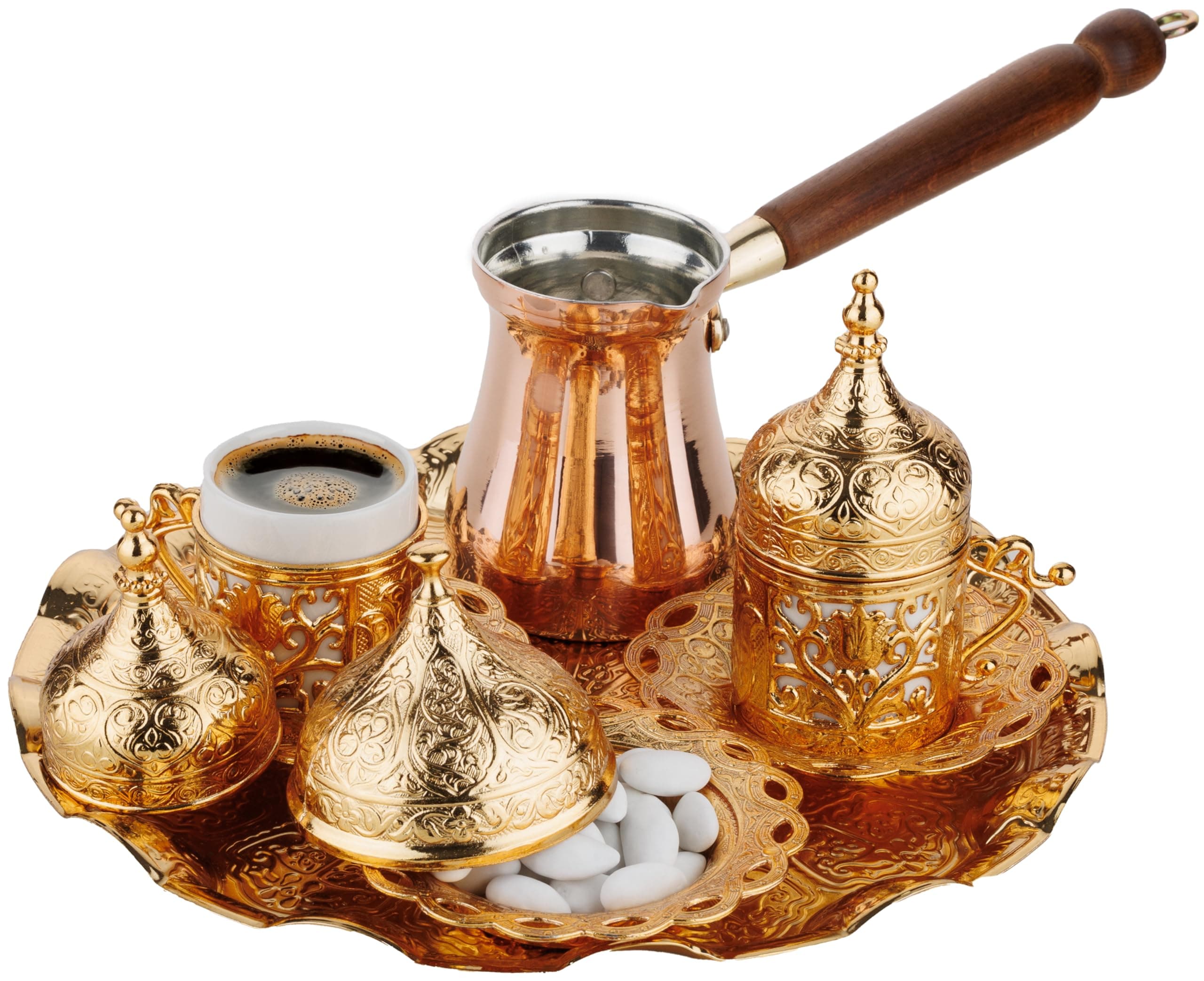 DEMMEX Turkish Greek Arabic Coffee Making and Serving Full Set with Cups Saucers Lids Sugar Bowl Tray and Copper Coffee Pot, Hand Decorated with Gold Crystals, 12 Pcs (Gold)