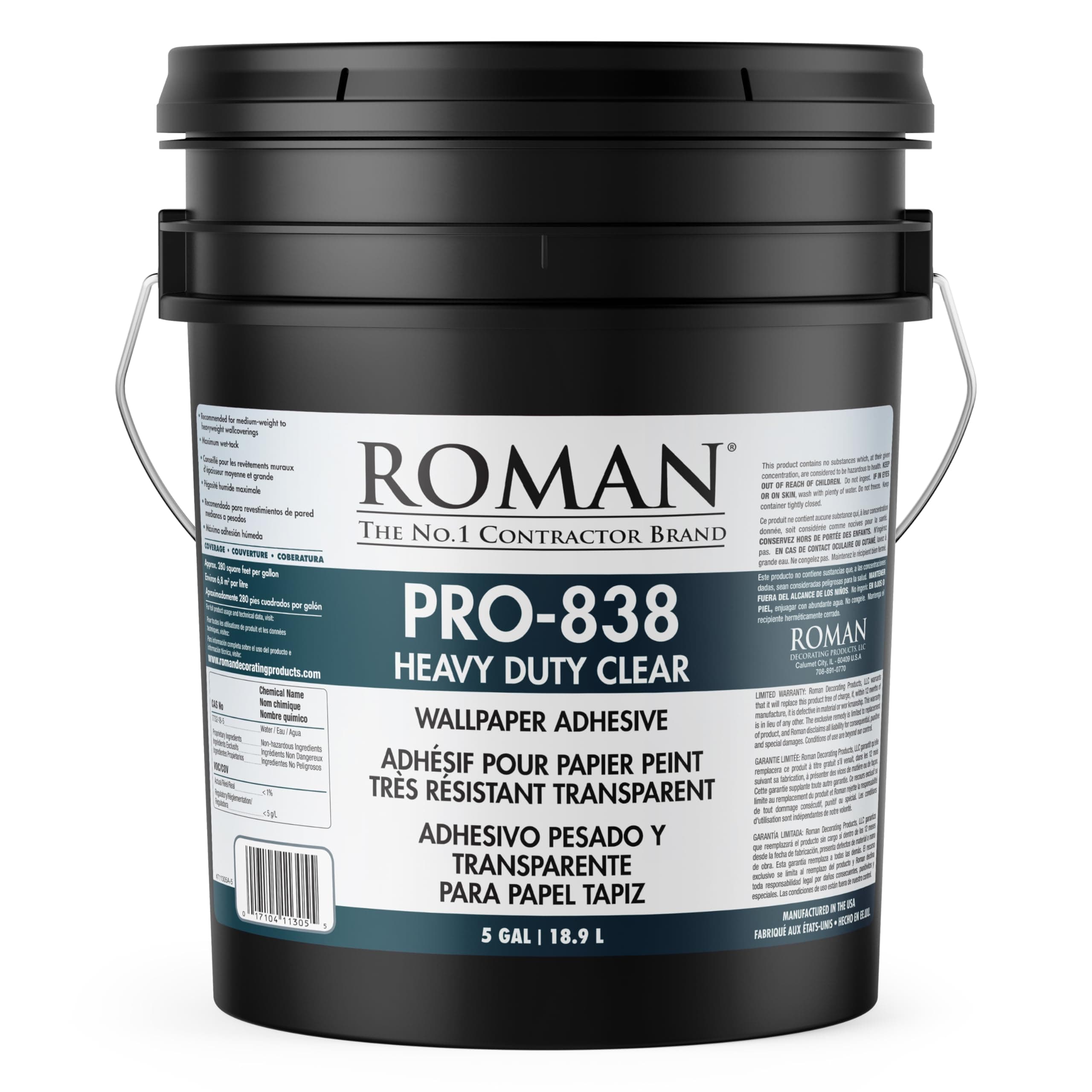 Roman PRO-838 Heavy Duty Clear Wallpaper Adhesive, for Non-Wovens, Commercial Weight Wallcoverings, Wall Carpet, and More, 5-Gallon (1,500 sq. ft.)