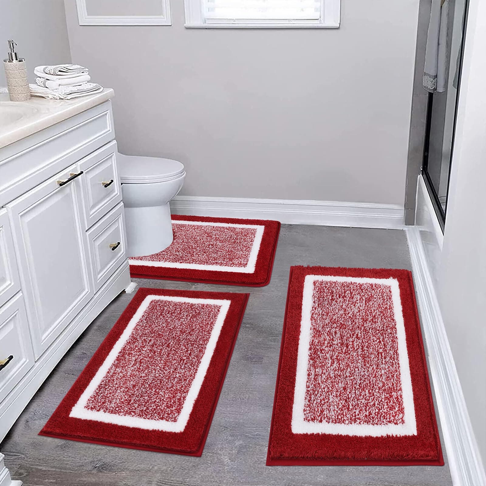 Pauwer Bathroom Rugs Sets 3 Piece Bathroom Shower Rugs with U-Shaped Contour Toilet Mat Absorbent Microfiber Plush Bath Mats Non Slip Bath Rugs Machine Washable Shaggy Bath Floor Mats, Red