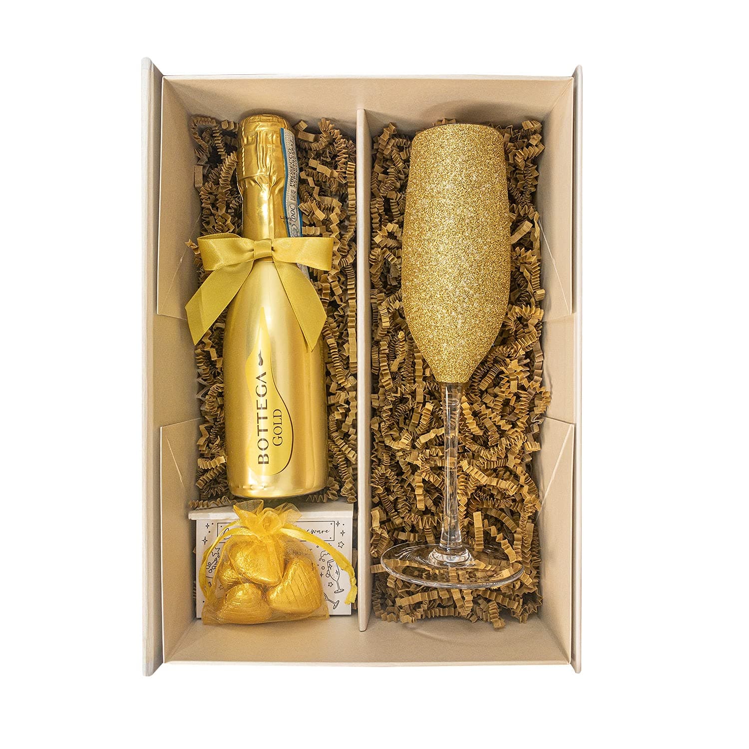 Gold Bottega Prosecco DOC 20cl Gift Set With Matching Sparkling Stem Champagne Flute Fully Gift Boxed - Prosecco Hamper for Her, Congratulations, Birthday Gift (Sparkling Top)