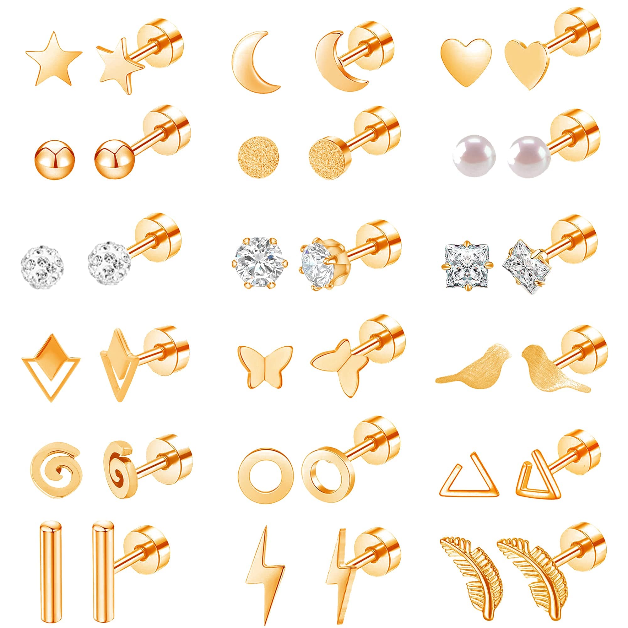 MJust 18 Pairs Women‘s Hypoallergenic Flat Back Stud Earrings, 20g Stainless Steel Earrings Sets for Men, Tiny Unisex Screw Back Cartilage Earrings.