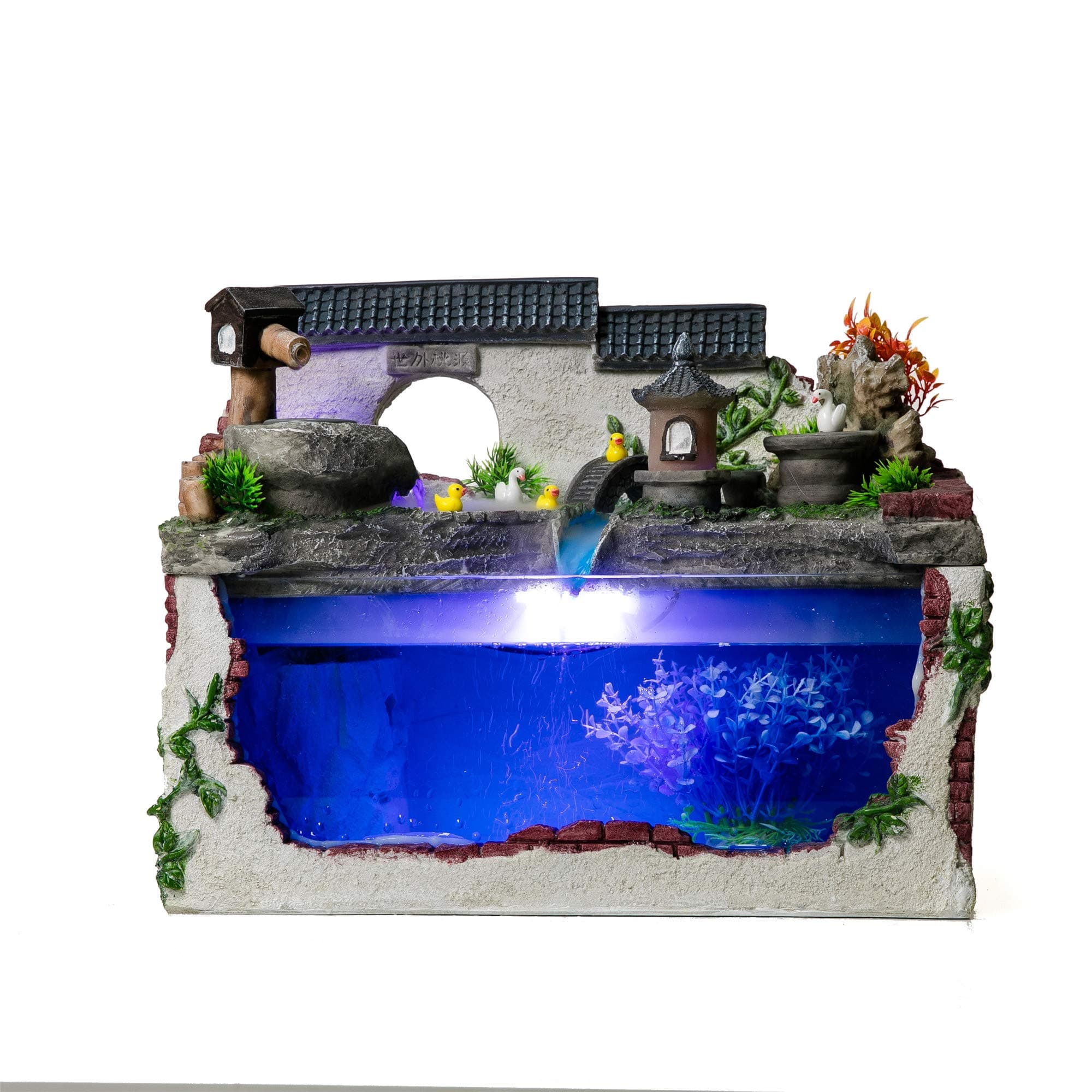 crapelles Tabletop Fountain Water Illuminated Small Fish Tank Aquarium Pond Asian Garden Style with Fog Maker LED Resin Decorative Waterfall