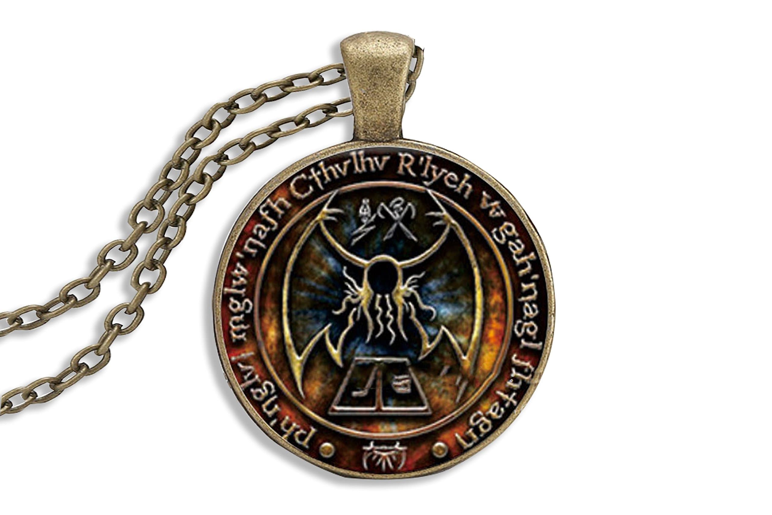 Cthulhu Pendant - 7th Edition H.P. Lovecraft Call of Cthulhu Pendant Necklace - Glass Cabochon Cover - R'lyeh Inscription