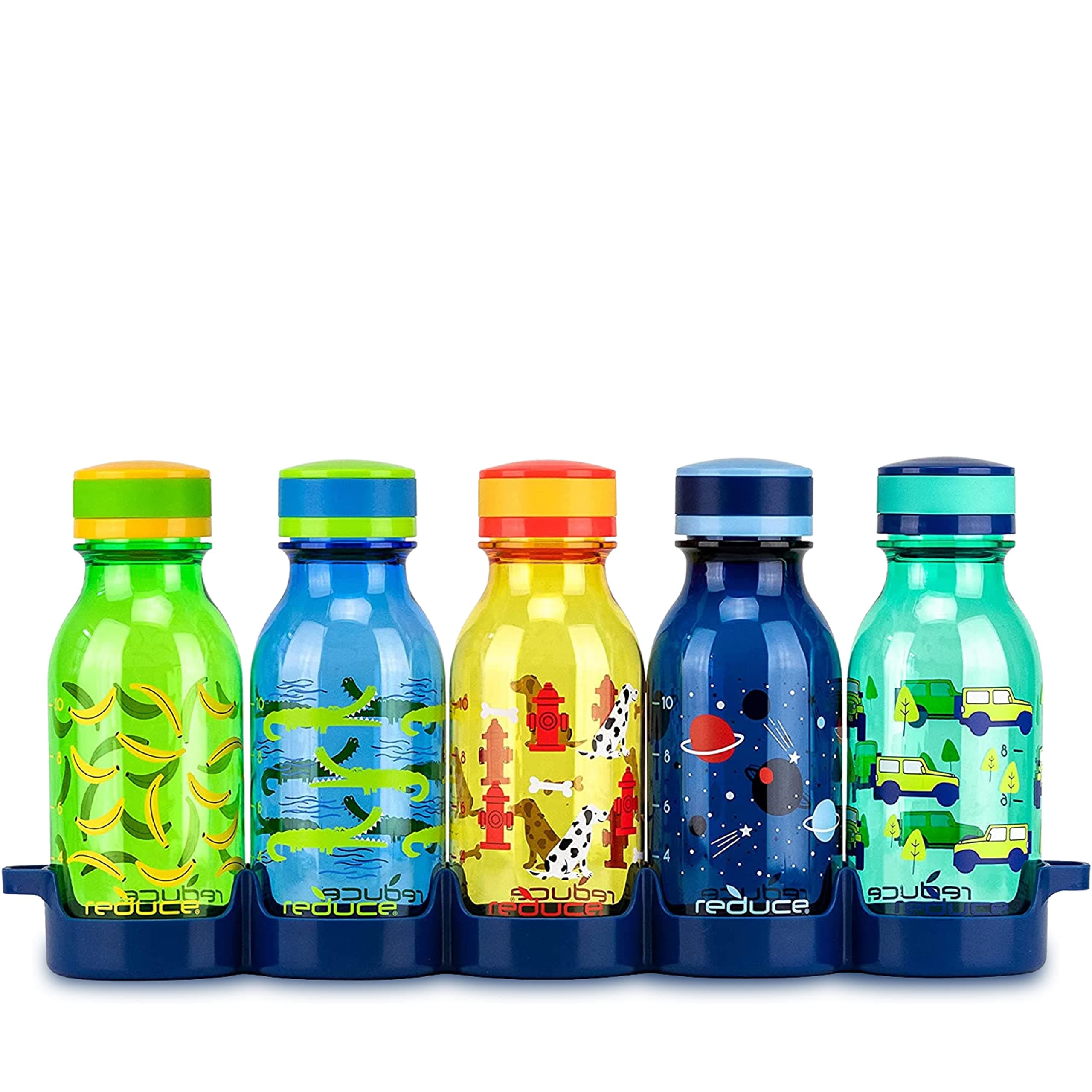 REDUCE WaterWeek 14 oz Refillable Tritan Plastic Water Bottles - Includes 5 Leak Proof Bottles and Fridge Tray - Ideal for School, Travel, and Home Use