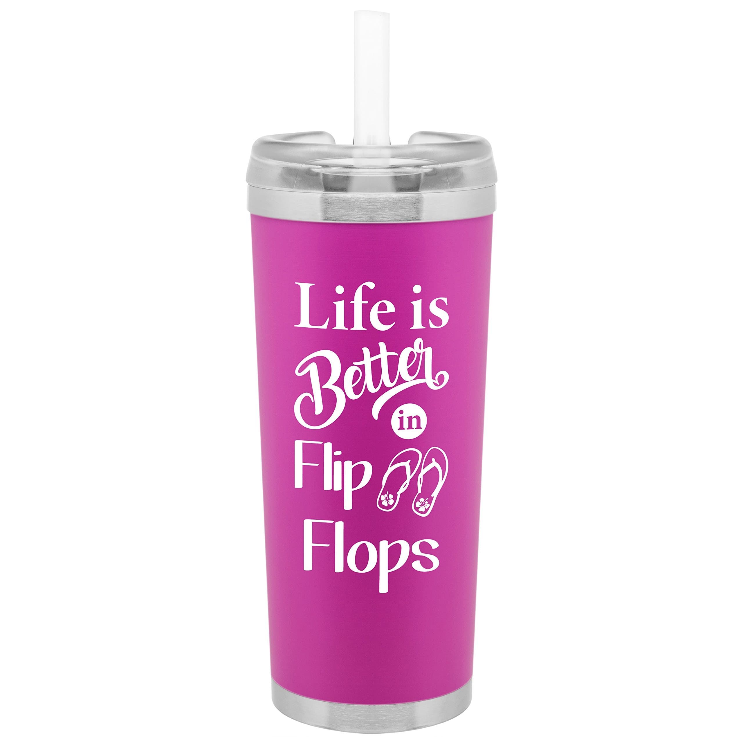 Life is Better in Flip Flops Water Bottle | 24 Ounce Stainless Steel Travel Tumbler | Lid and Straw | Double Wall Copper Insulated | Hot or Cold Beverages | Customized with Fun Saying (Matte Pink)