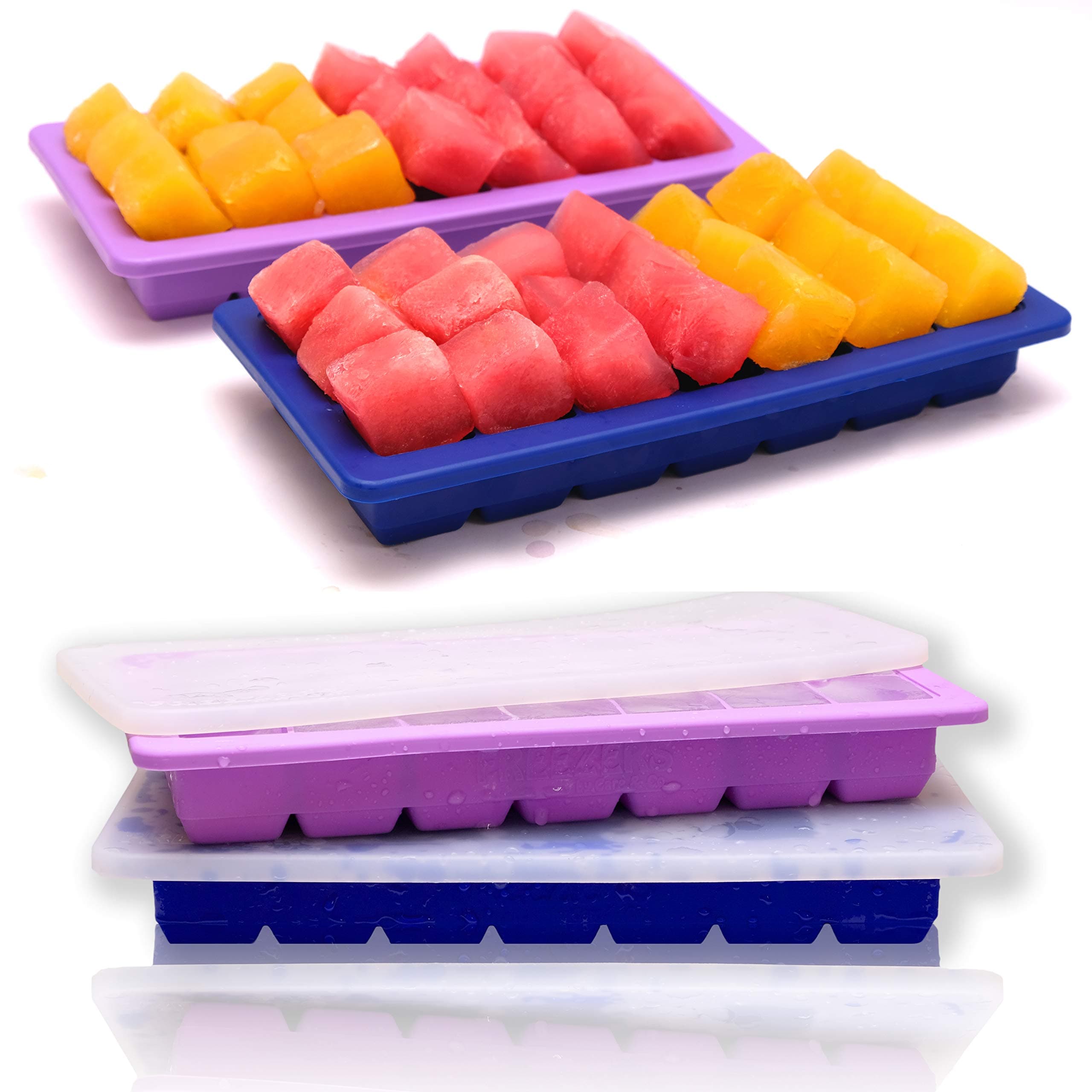 Easy Release Silicone Ice Cube Trays with Lid, Set of 2, 21 Cubes Each, "FREEZERS 2.0". Minimal Dilution!