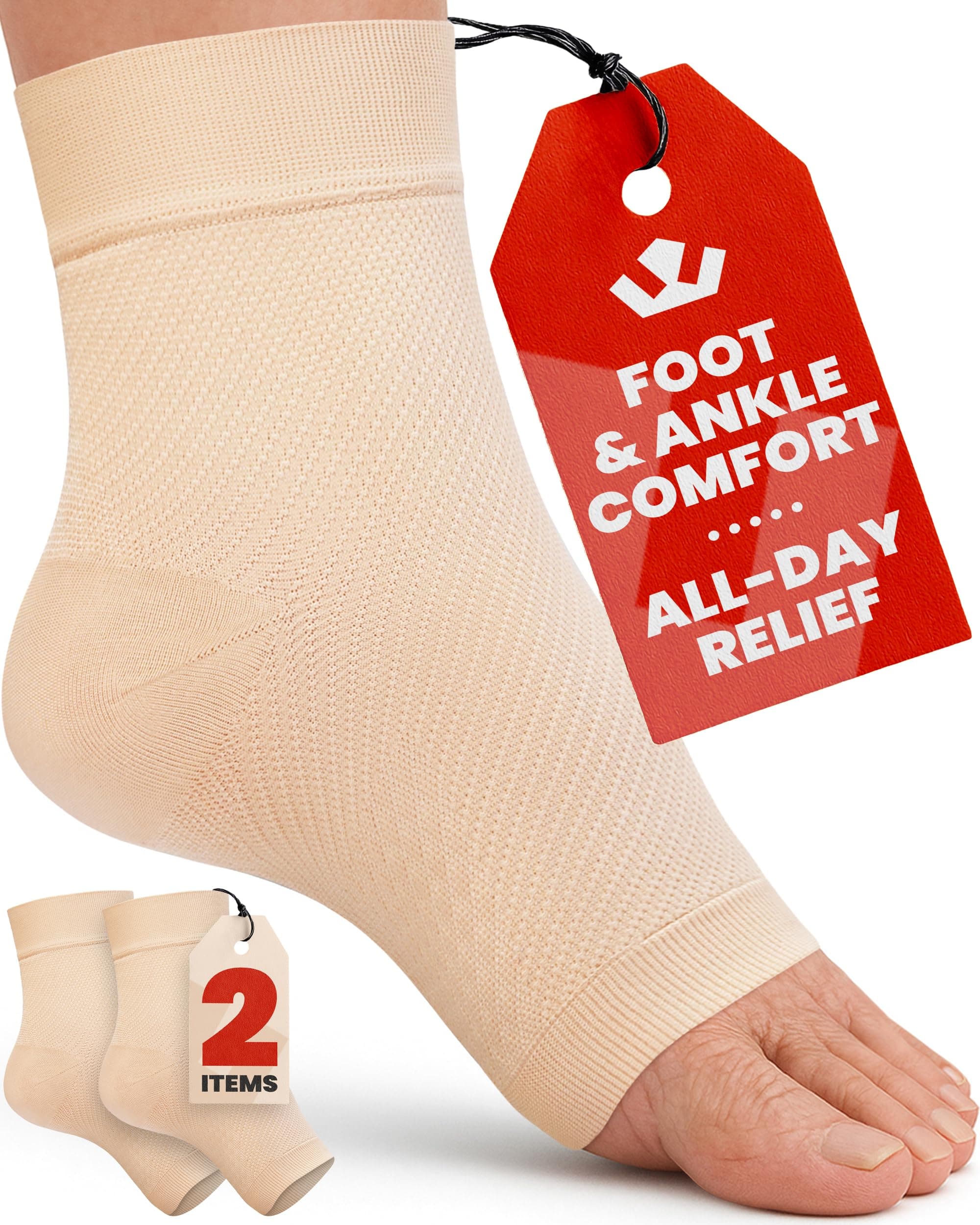 KEMFORD Ankle Compression Sleeve - 1-Pair, Plantar Fasciitis Braces - Open Toe Compression Socks for Swelling, Sprain, Neuropathy, Foot Arch Support for Men and Women - 20-30mmhg, M, Beige