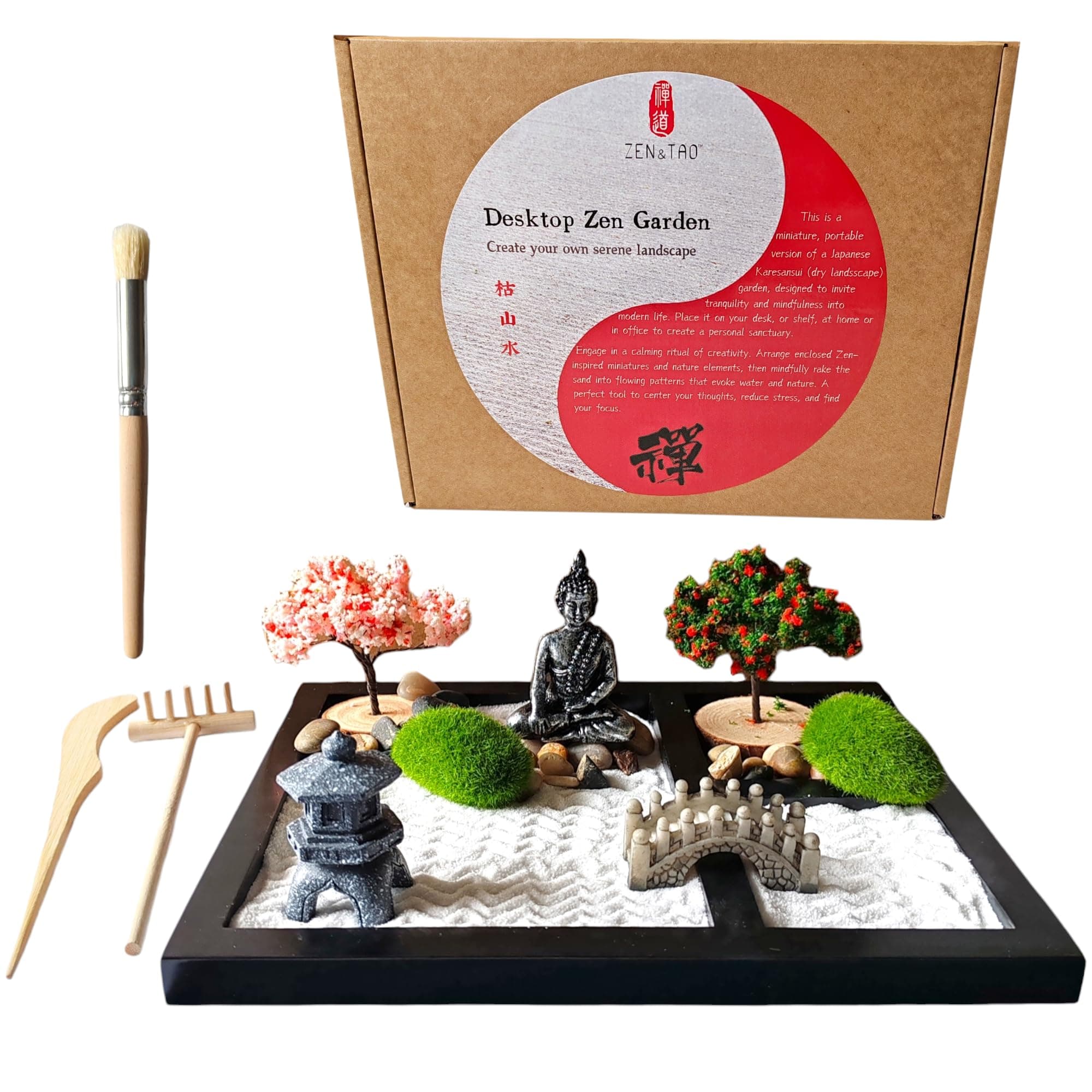 ZEN&TAO Japanese Zen Garden Kit, Black Tray with Two Trees, Two Mosses, Buhhda Statue, Bridge, Stones and Sand Toolset, 2024 New Upgrades, for Meditation, Relaxation and Gifting.