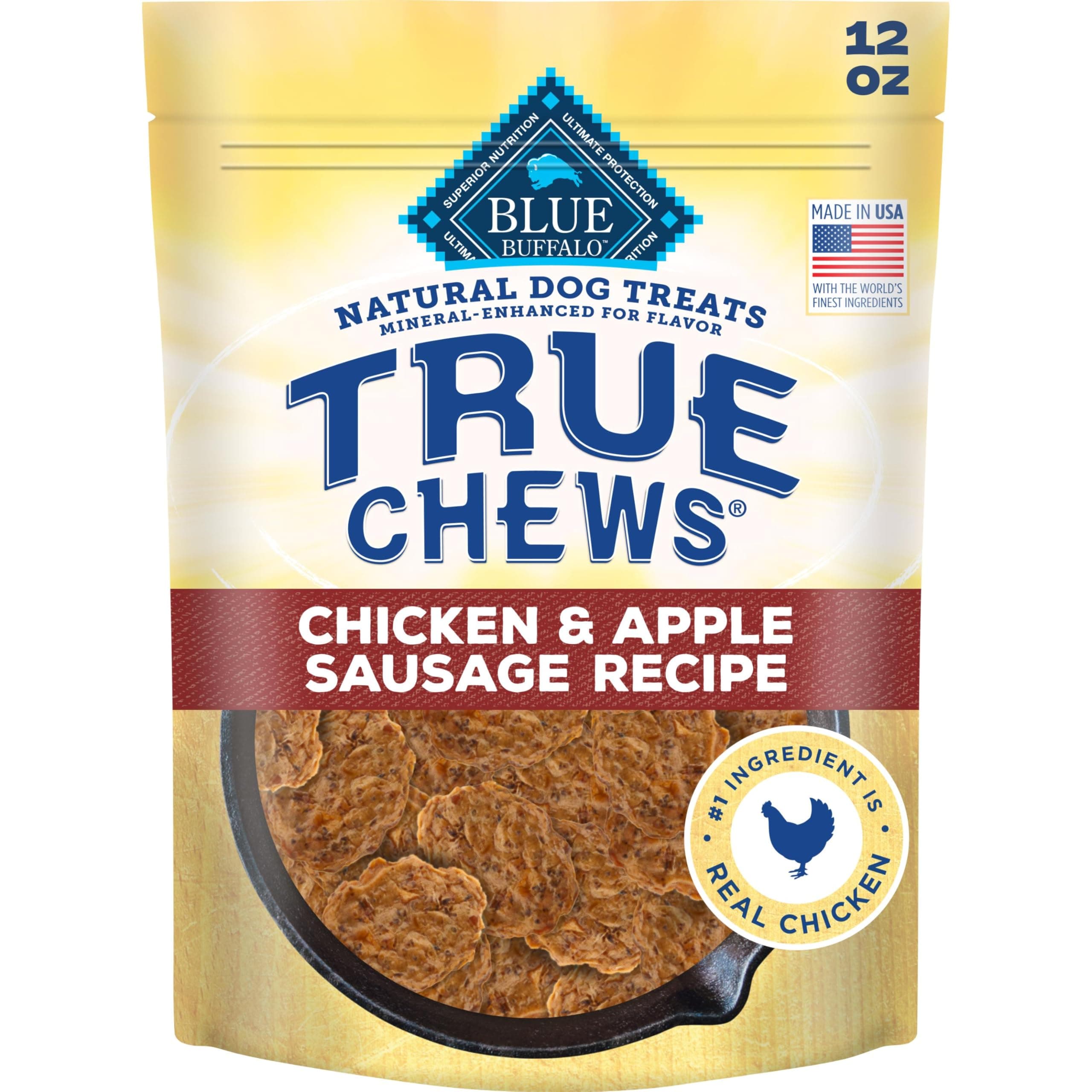 True Chews Dog Treats, Made in the USA with Natural Ingredients, Chicken and Apple Sausage Recipe, 12-oz Bag