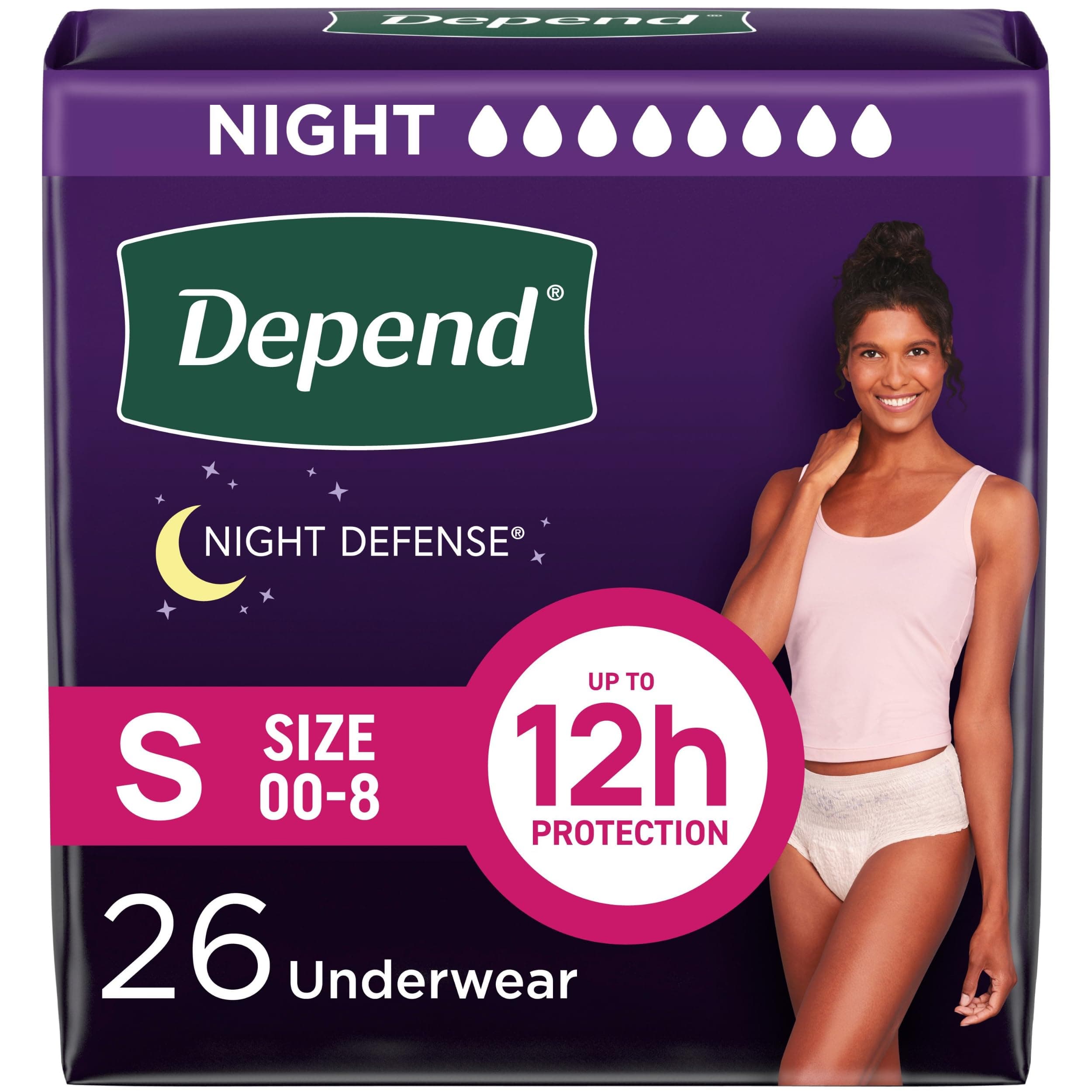 Depend Night Defense Adult Incontinence & Postpartum Bladder Leak Underwear for Women, Disposable, Overnight, Small, Blush, 26 Count, Packaging May Vary
