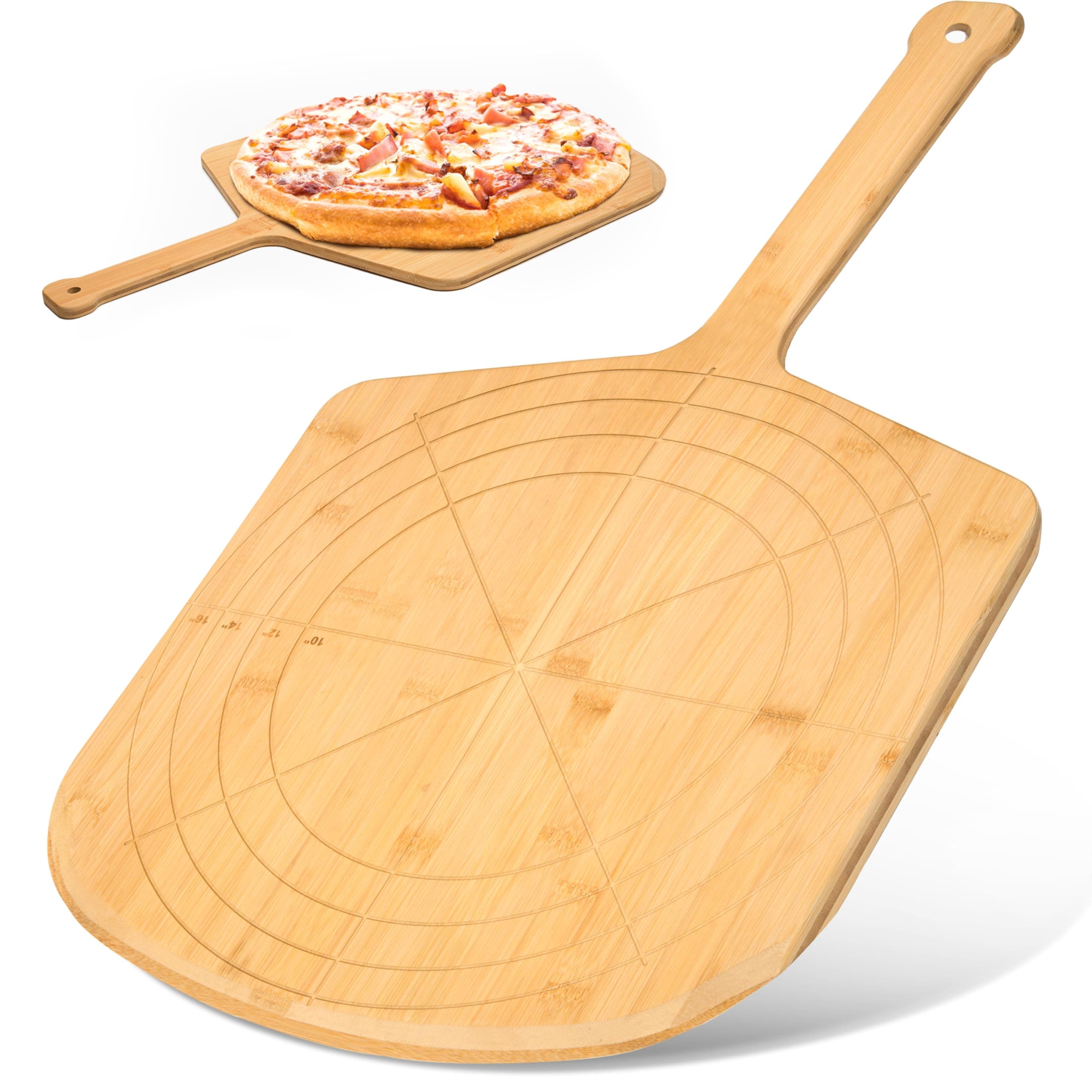 Loftern Wooden Pizza Peel 16 Inch Board with Engraved Sizes - Multi-Purpose Bamboo Pizza Cutting Board, Wood Pizza Peel, Pizza Spatula Paddle, and Serving Board with Size and Cutting Guide