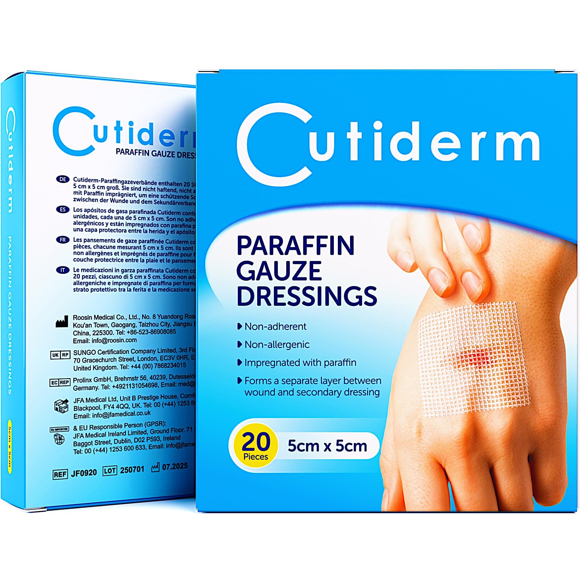 JFA Medical Pack of 20 Cutiderm Sterile Paraffin Gauze Dressing 5cm x 5cm - Suitable for Superficial and Partial Thickness Burns, Skin Loss Wounds, abrasions and Traumatic Injuries