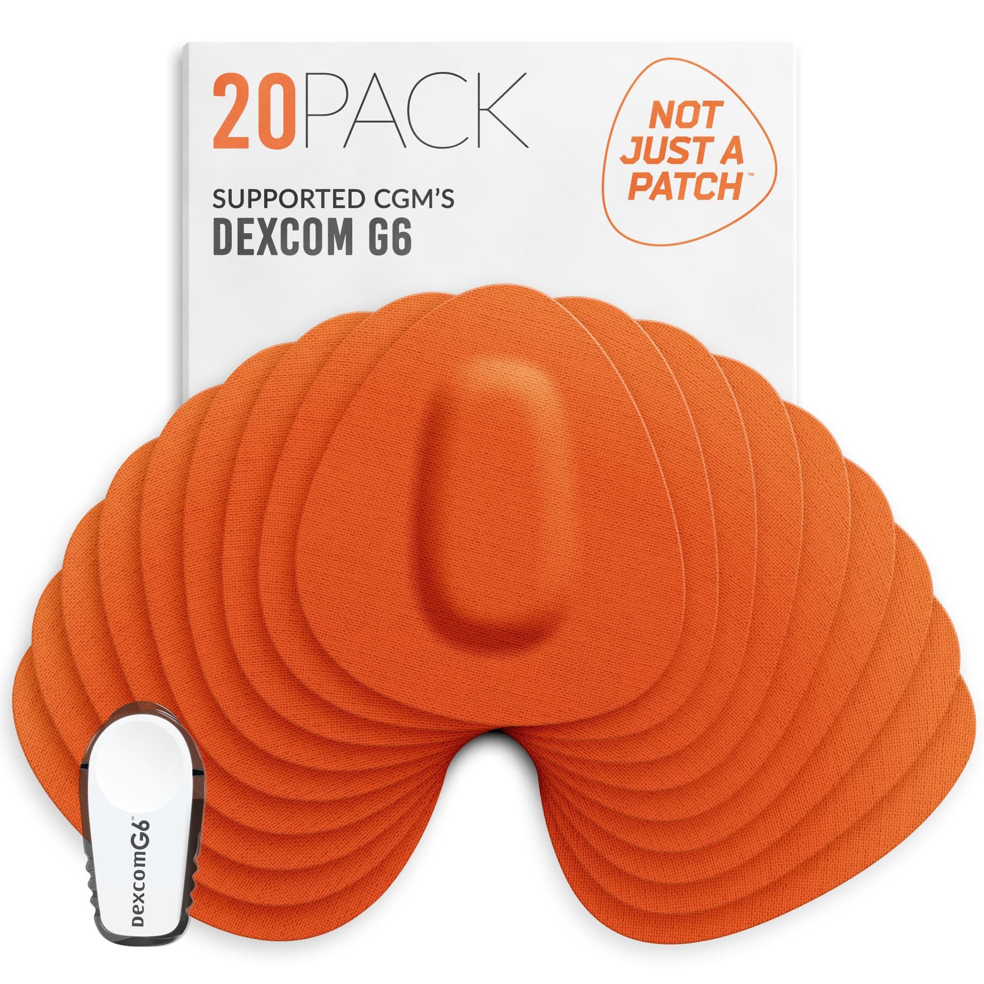 Not Just A Patch CGM Sensor Patches for Dexcom G6 & MiaoMiao (20 Pack) - Water Resistant & Durable for Active Lifestyle for 10-14 Days - Pre-Cut Dexcom G6 Adhesive Patches in Orange
