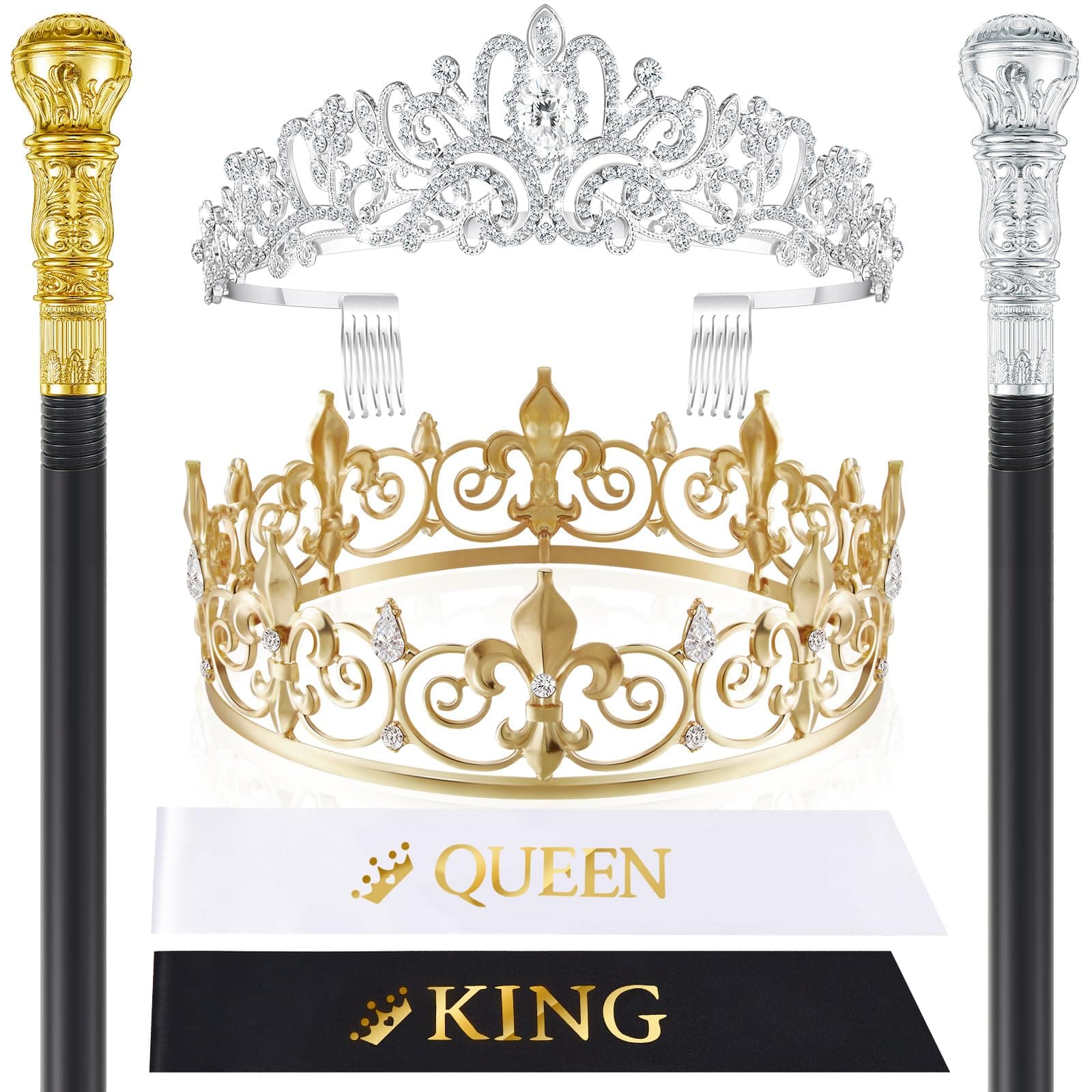 6 Pcs Prom King and Queen Crowns Set Homecoming Costume Walking Cane Sashes for Birthday Party