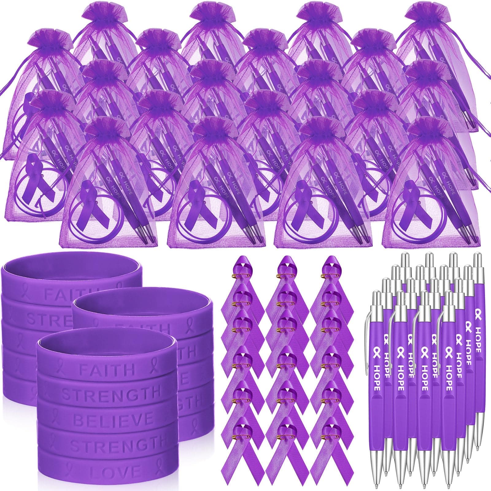 Qilery 50 Set Cancer Awareness Gifts Set, Include Breast Cancer Awareness Ribbon Pin Pen Bracelet and Bags for Domestic Violence Leukemia Pancreatic Lupus Multiple Sclerosis Item(Purple)