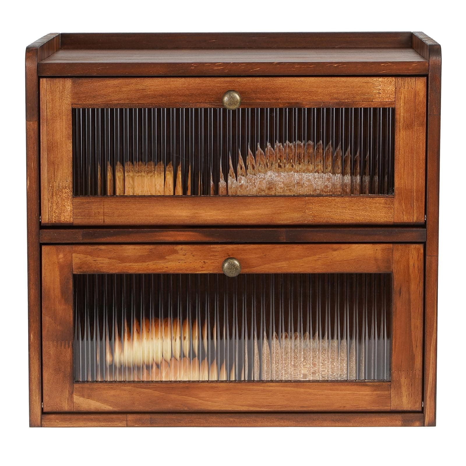 Kitchen Countertop Bread Box Wooden Bread Storage Containers Double Layer Bread Box Holder Large Capacity Keeper Vintage Farmhouse Food Organizer for Corner Pantry Shelves with Acrylic Window (Brown)