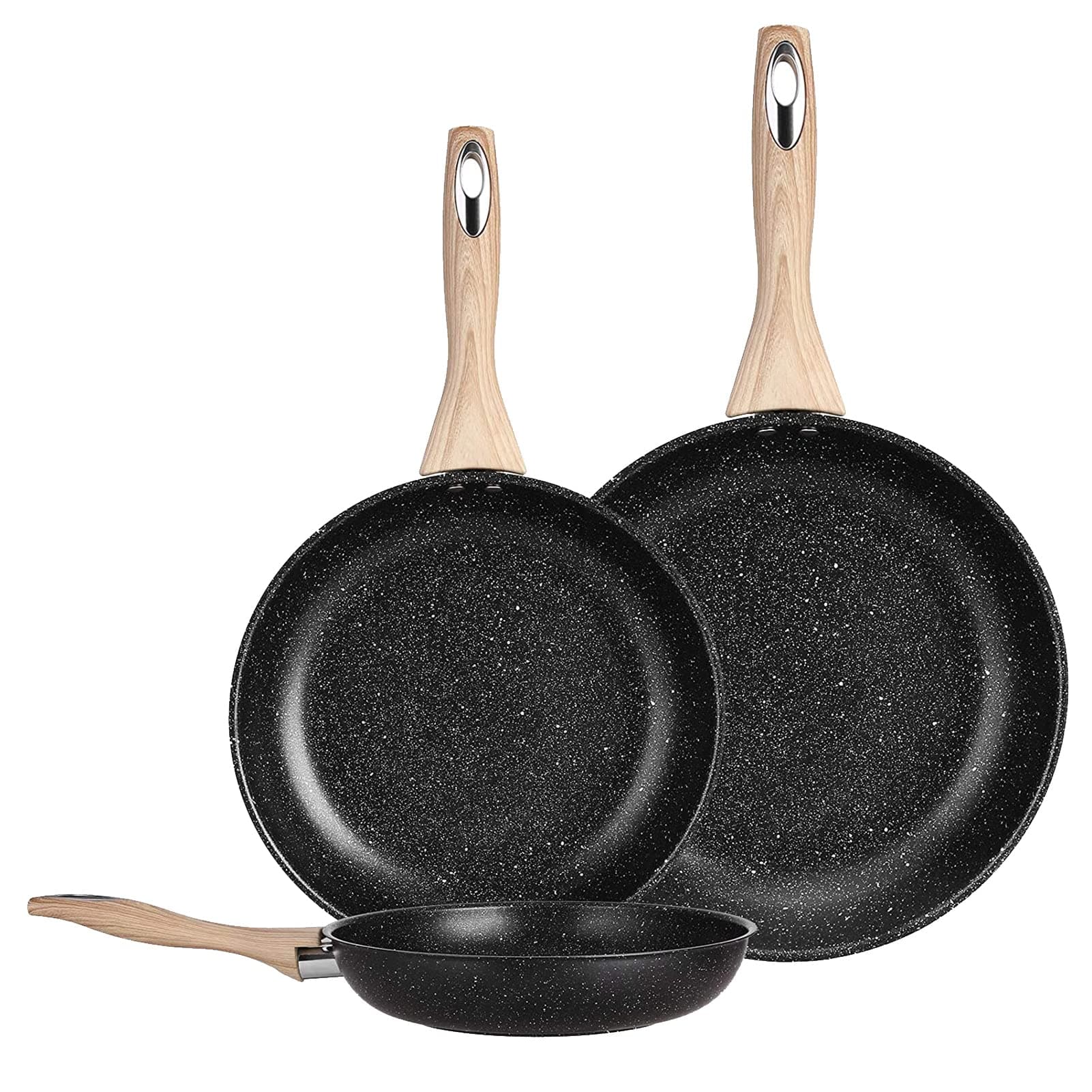 Non Stick Frying Pan Set, 3 Pieces 410 Stainless Steel Cookware Set 8 & 10.2 & 12 inch with Induction Compatible Bottom and Ergonomic Heat Resistant Bakelite Handle, Black