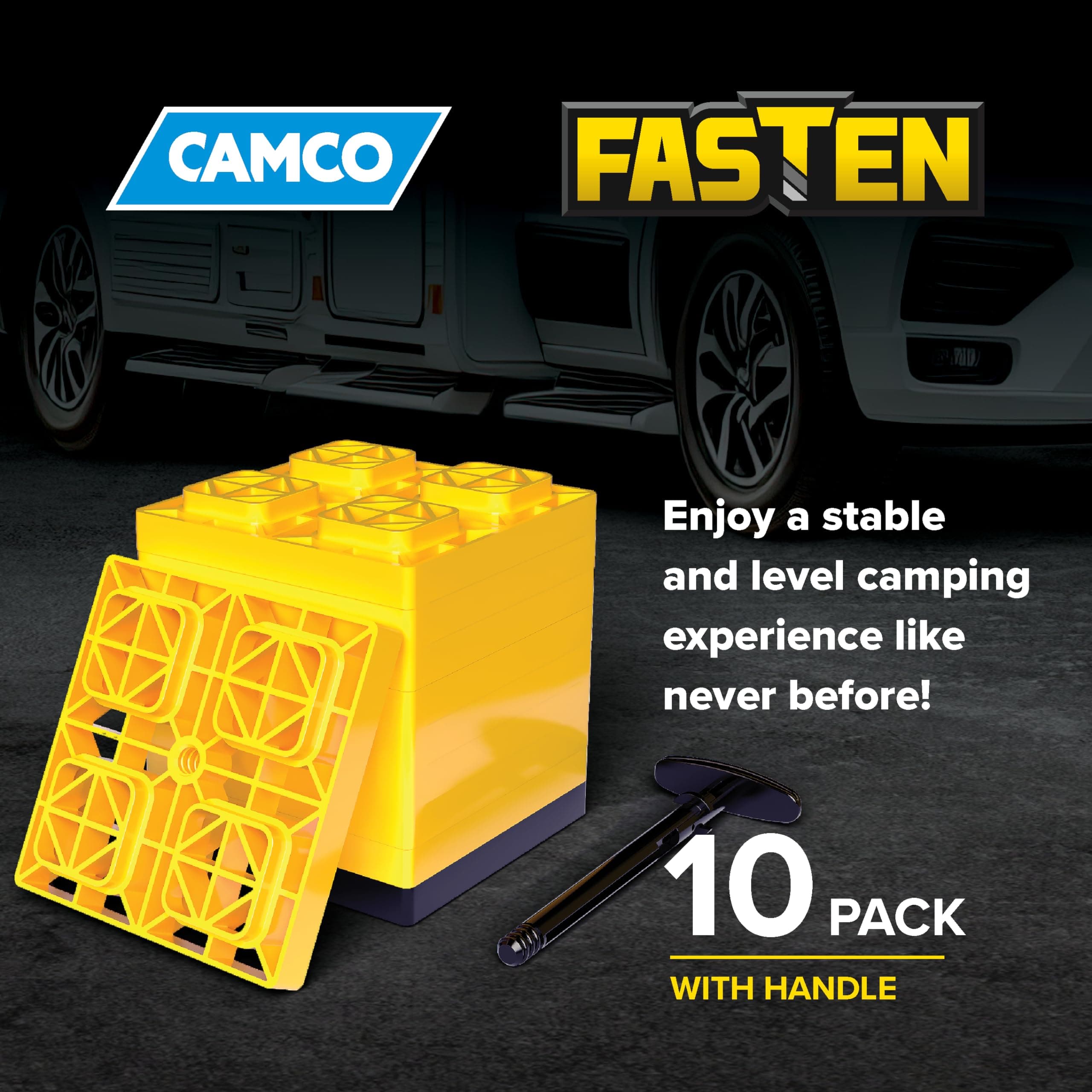 Camco FasTen Camper/RV Leveling Blocks - Features Interlocking Design for Customizable Height - Carrying Handle Twists to Secure Blocks for RV Storage - 8.5” x 8.5” x 1”, Yellow, 10-Pack (44512)