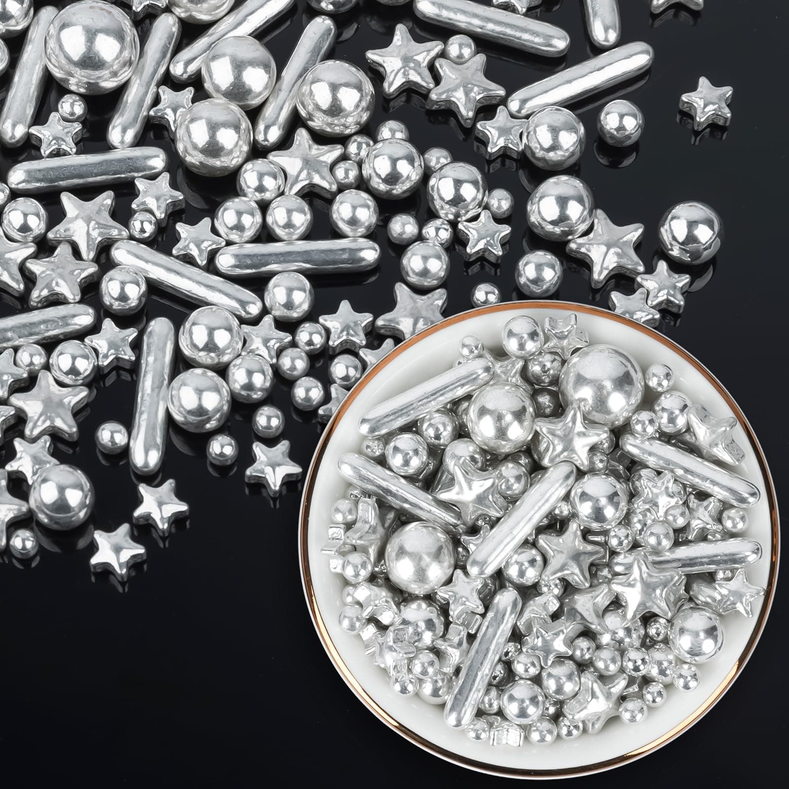 Silver Pearl Sprinkles for Cake Decorating,130g,Edible Stars Rods Sprinkle,Mix Size,Baking Cake Decorations,Cupcake Toppers,Cookie Donuts Ice Cream,Birthday Wedding Mother's Day Party Easter Supplies