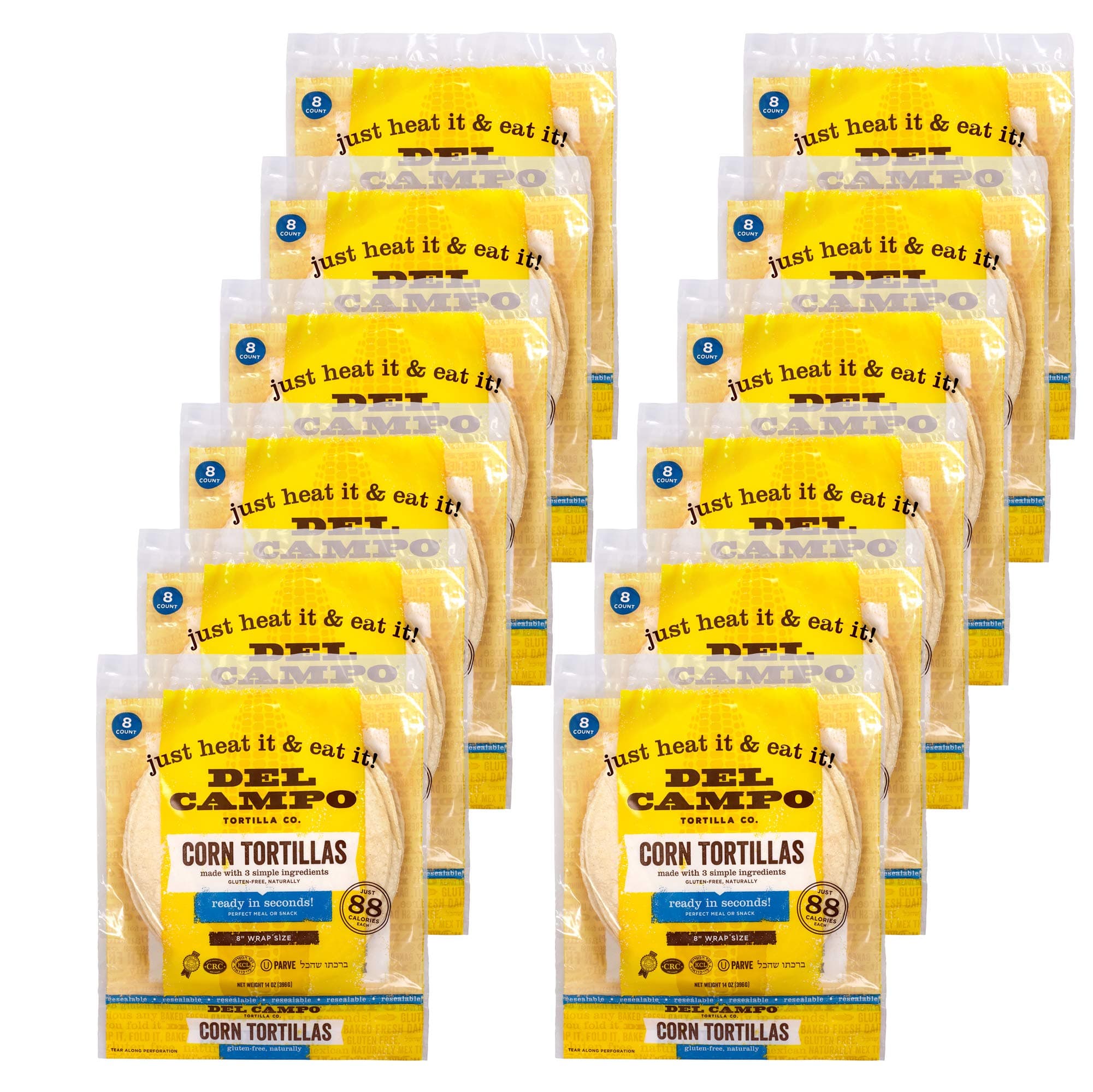 Del Campo Soft Corn Tortillas – 8 Inch Round. 100% Delicious, Gluten Free and All-Corn Authentic Mexican Food. Many Serving Options: Wraps, Tacos, Quesadillas or Burritos, Kosher. (8ct.) (12 Pack Case)