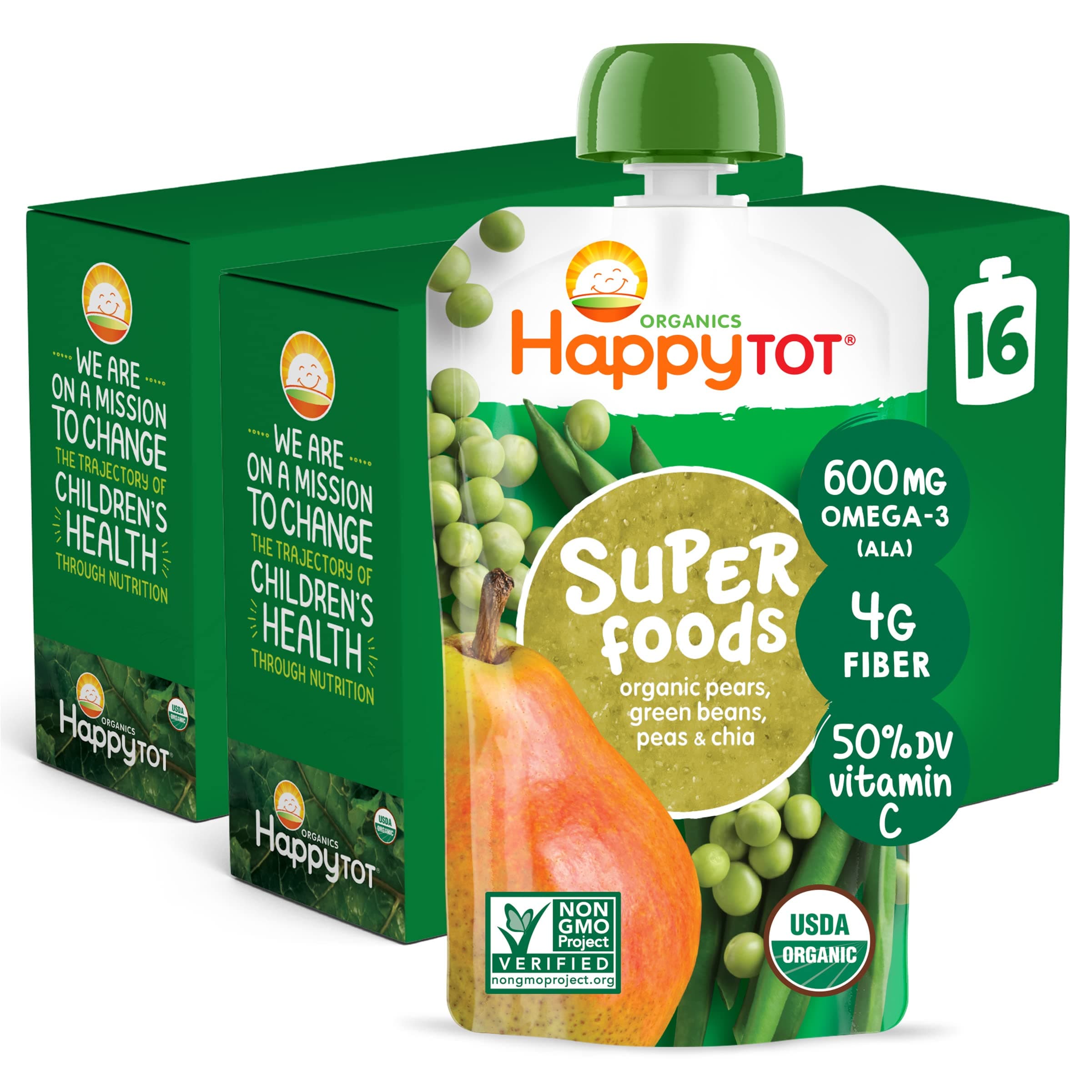 HAPPYTOT Organics Stage 4 Baby Food Pouches, Gluten Free, Vegan Snack, SuperFoods Fruit & Veggie Puree, Pears, Peas, Green Beans & Chia, 4.22 Ounce (Pack of 16)