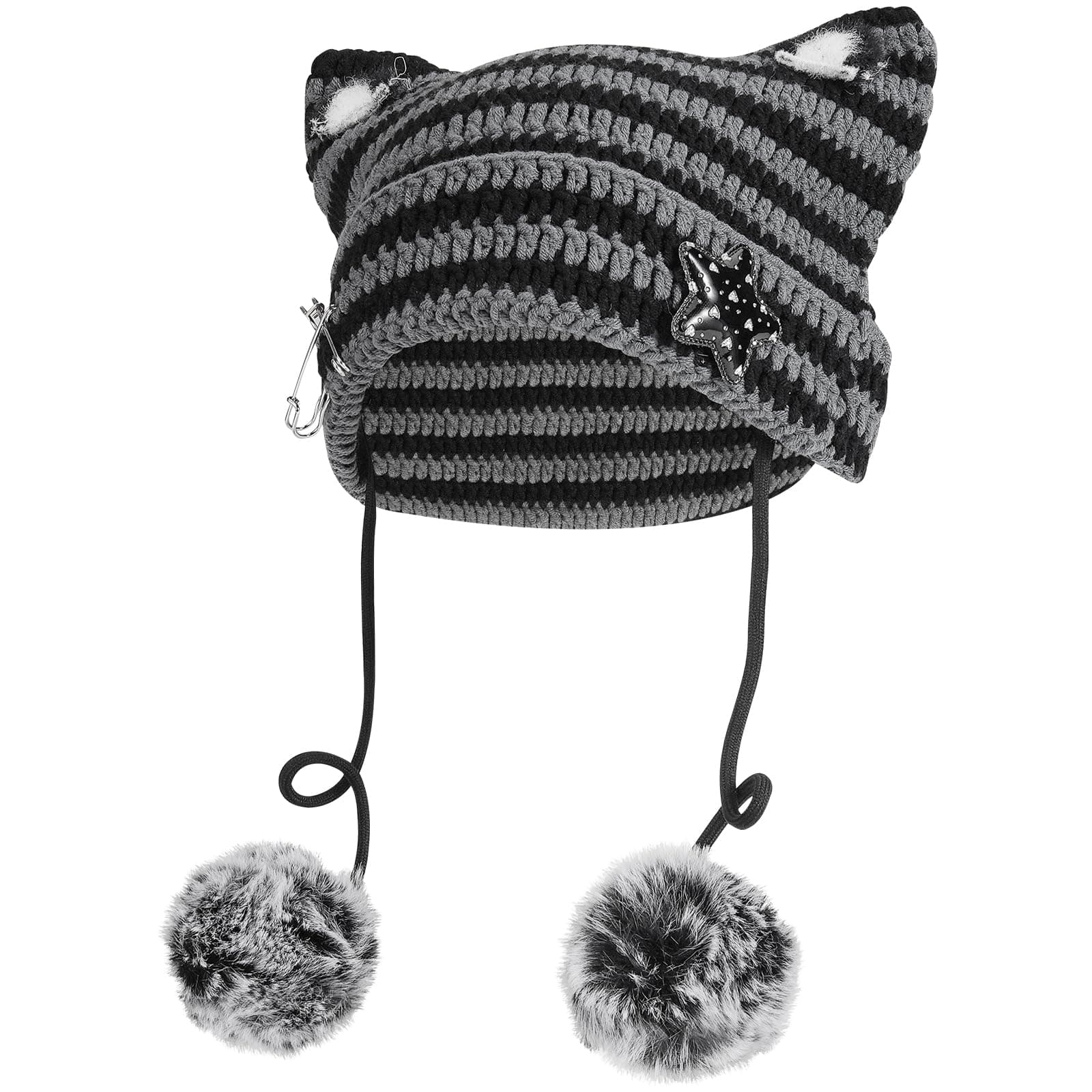 Cat Ear Beanie Y2K Hat, Women Girl Emo Crochet Striped Grunge Goth Star Pom Aesthetic Knit Kawaii Alt Cute Slouchy Skull Cap