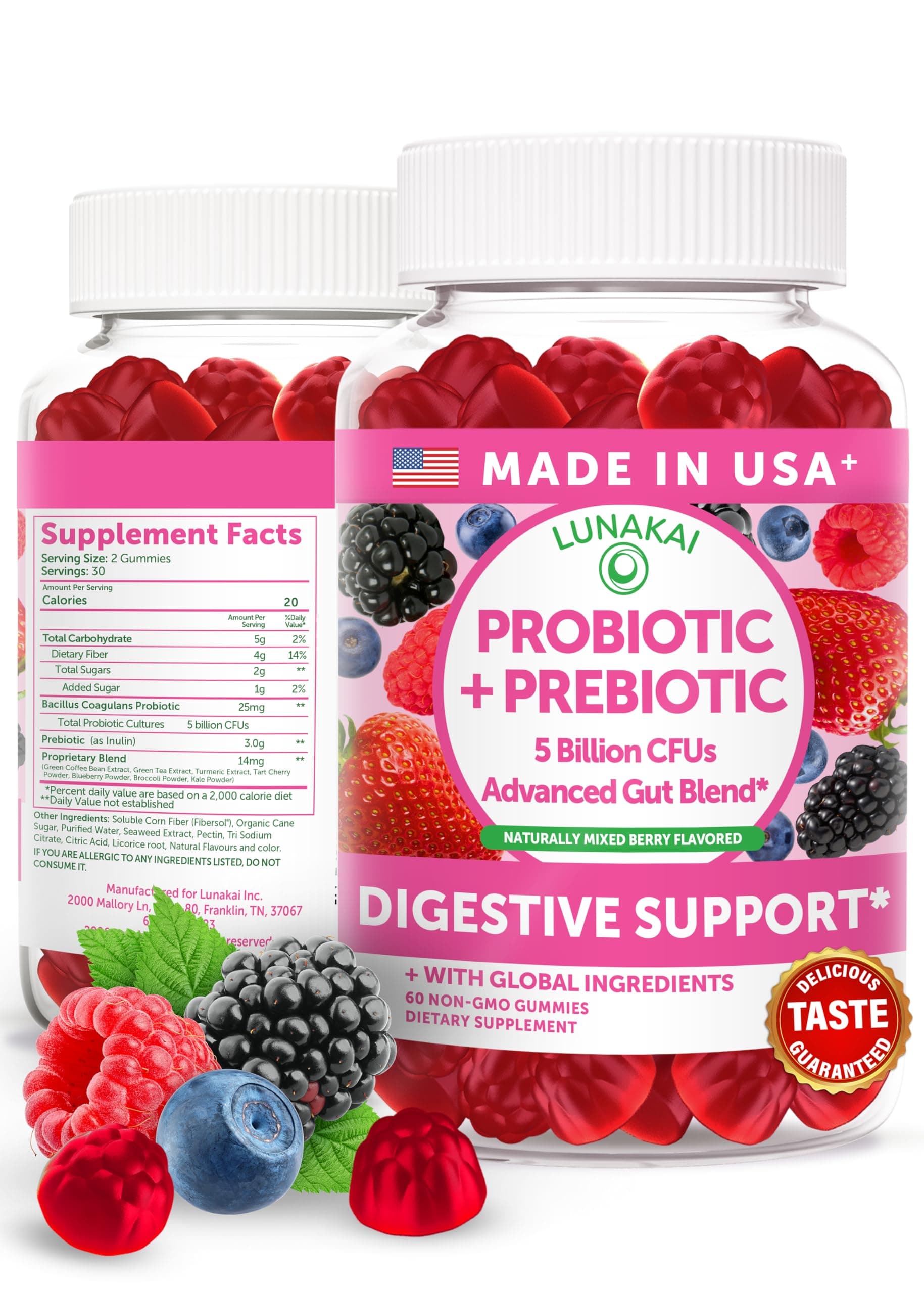 USA Made Prebiotic + Probiotic Gummies for Women and Men - High Potency 5 Billion CFUs with Fibers - Non-GMO Gut Health Support 60ct
