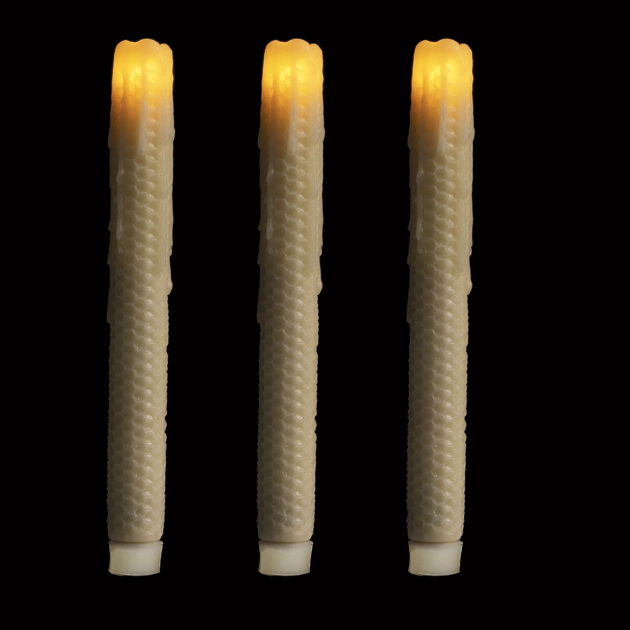 SIMPLUX DFL Honeycomb Pattern Dripped Flameless Real Wax Taper Candle (Pack of 3), 9", Ivory