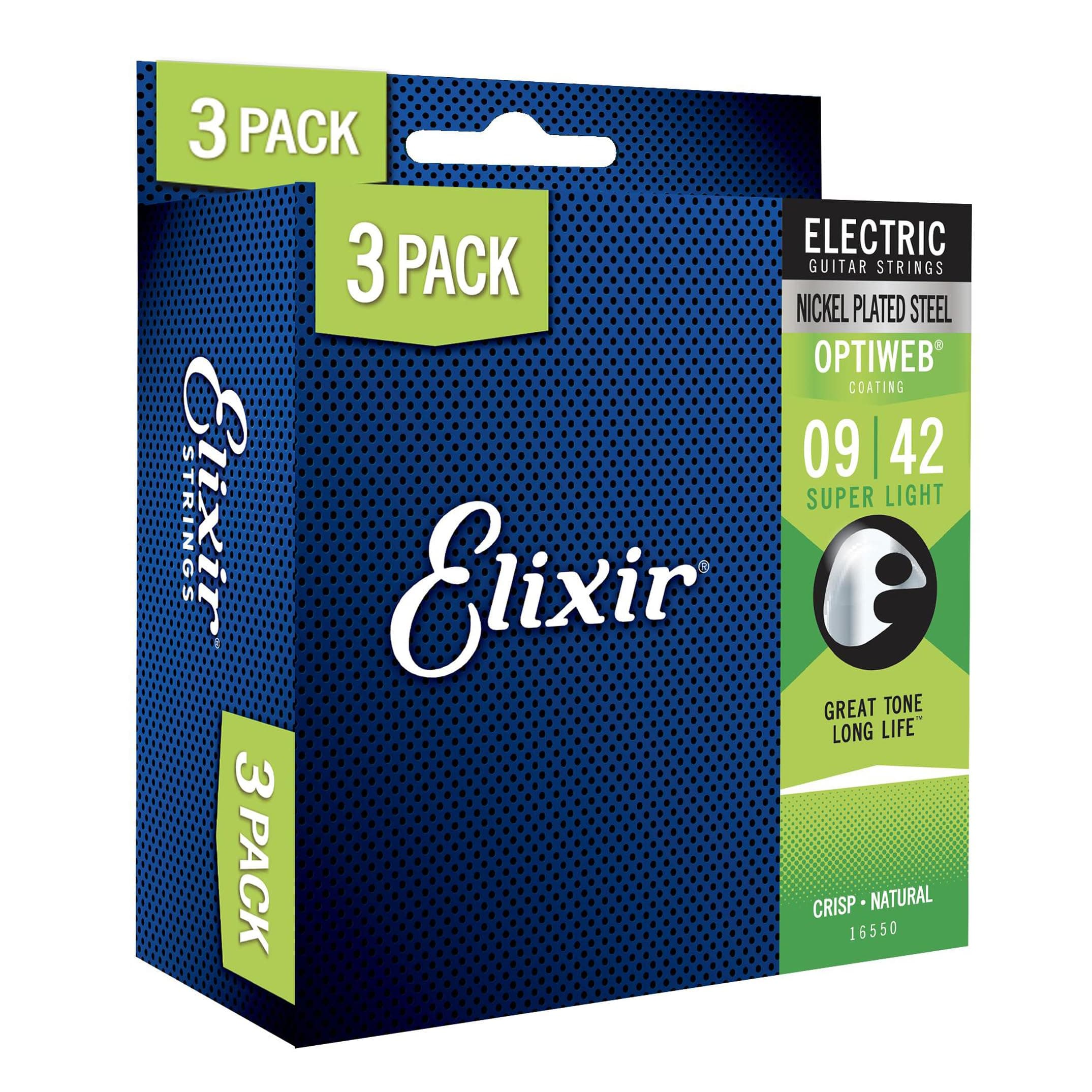 - Strings - Nickel Plated Steel Electric Guitar Strings with OPTIWEB Coating - Elixir Electric Guitar Strings - 3 Pack, Super Light 9-.42