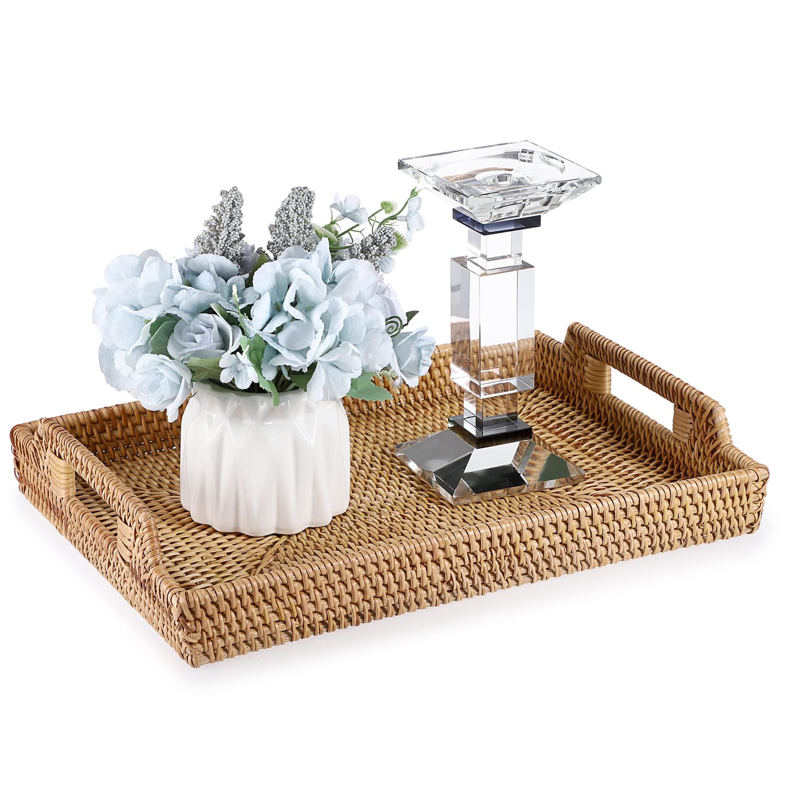 Hipiwe Rattan Serving Tray with Handles Hand-Woven Decorative Tray for Storage Breakfast, Drinks, Snack,Rectangular Basket Organizer Tray for Coffee Table, Home Decor (Large)