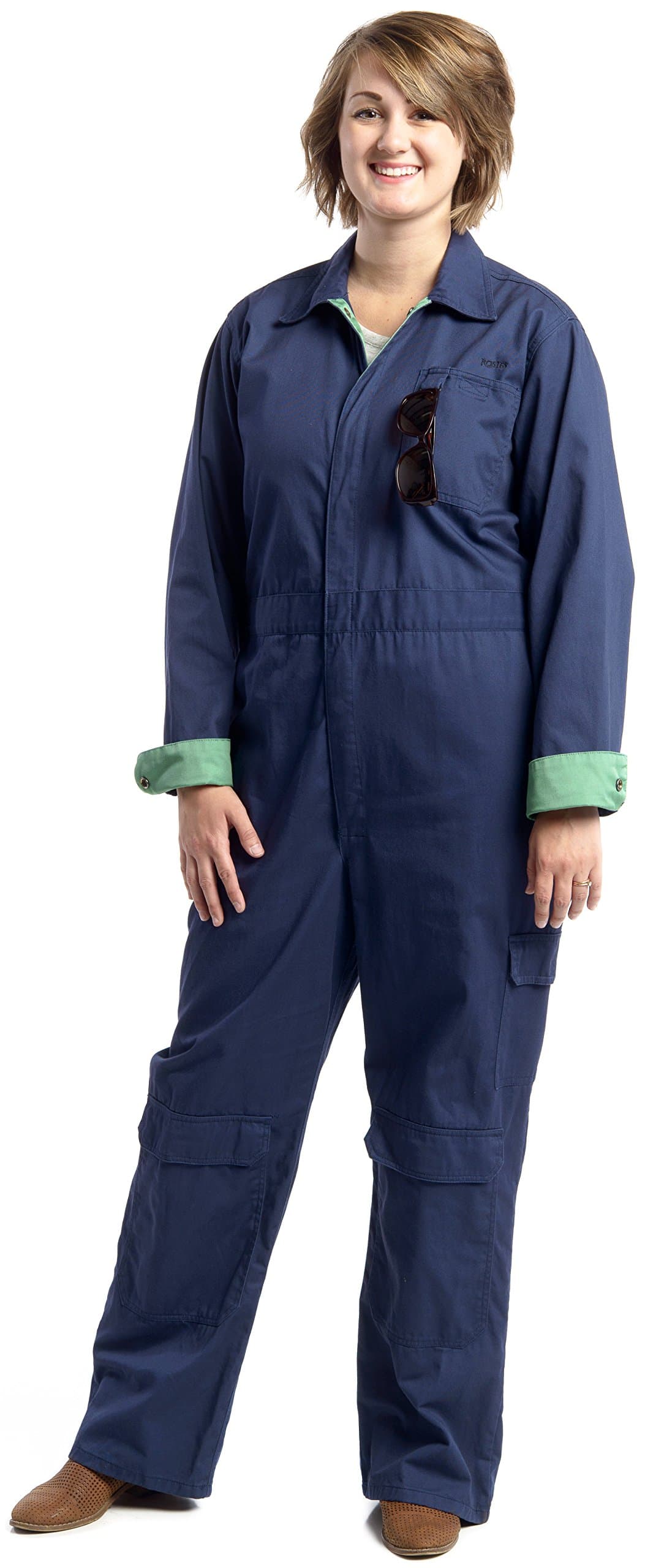 Rosies Work Wear for Women | Women's Coveralls with Multiple Tool Pockets, snap Front (Large, Navy with Green Trim)