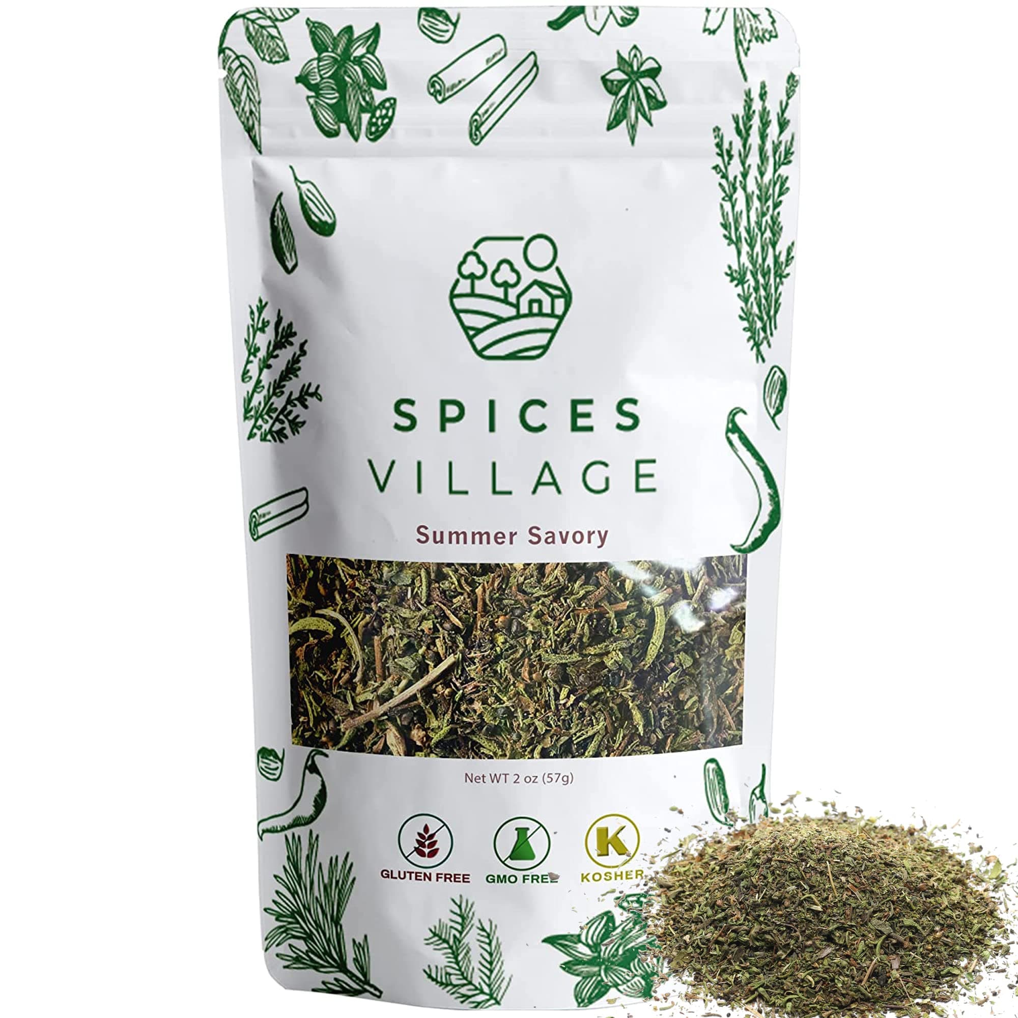 SPICES VILLAGE Dried Savory, Summer Savory Spice, Savory Herb, 2 oz, Pure Mediterranean Seasoning, Kosher, Gluten Free, Vegan, Non GMO, Resealable Bulk Bag
