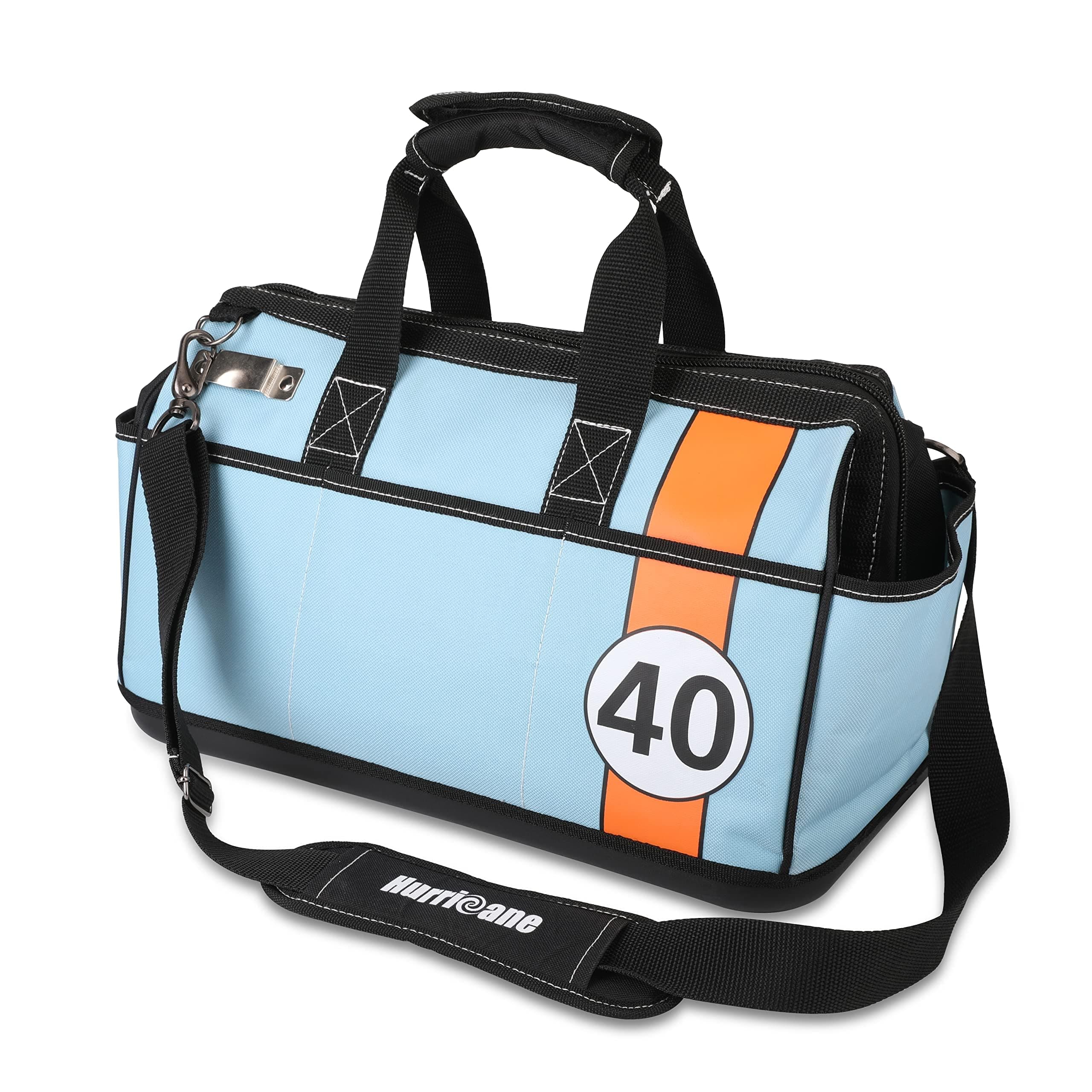 16 inch Wide Mouth Tool Bag with Water Proof Molded Base with Extra Shoulder Strap, Racing theme-Blue, Multi Pockets, Large Inner Space