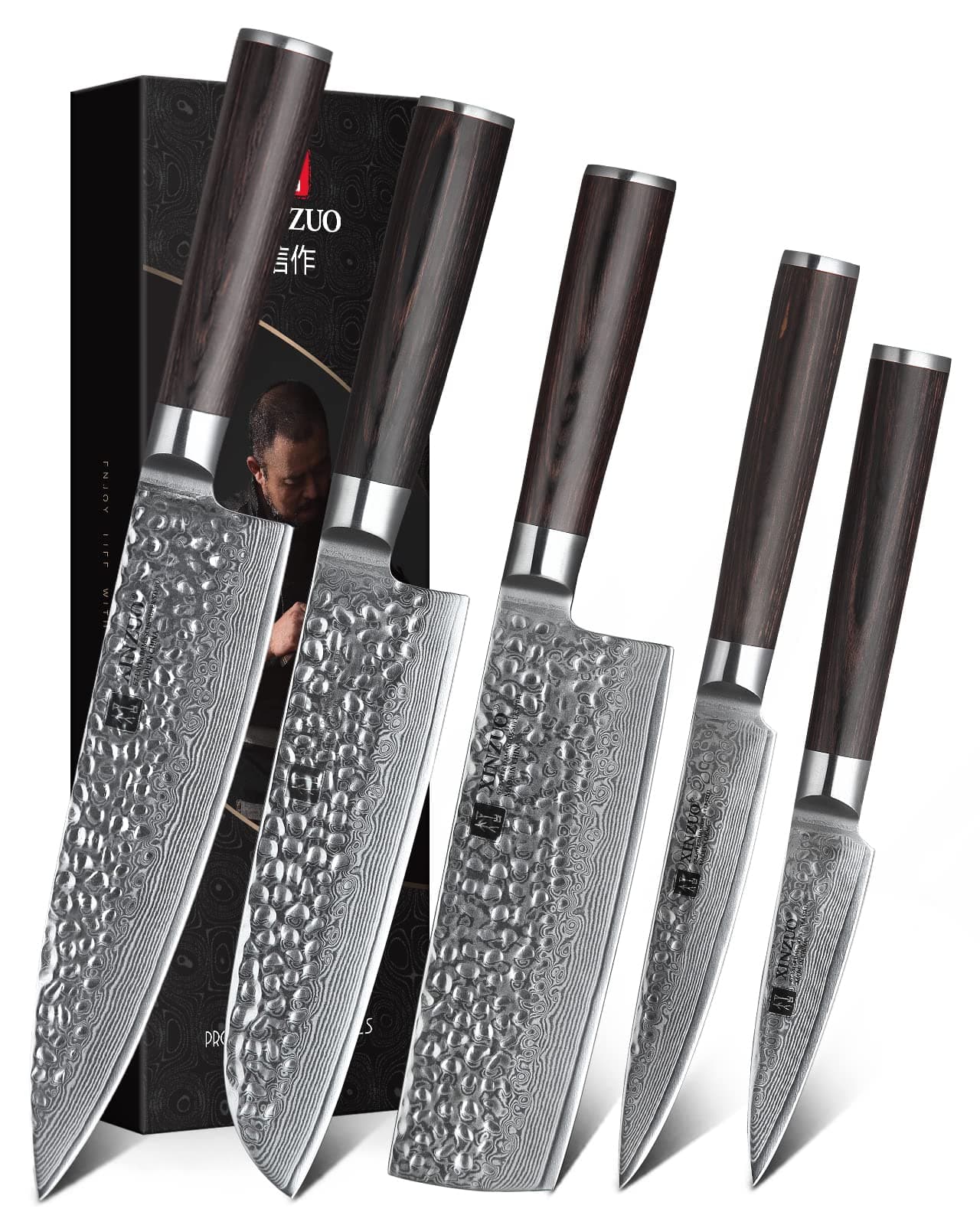 5-Piece Damascus Kitchen Knife Set Japanese Steel, Nakiri Knife Slicing Hammered Forging Damascus Kitchen Knife Professional Chef's Knife Cutlery Santoku Knife with Pakkawood Handle - He Series