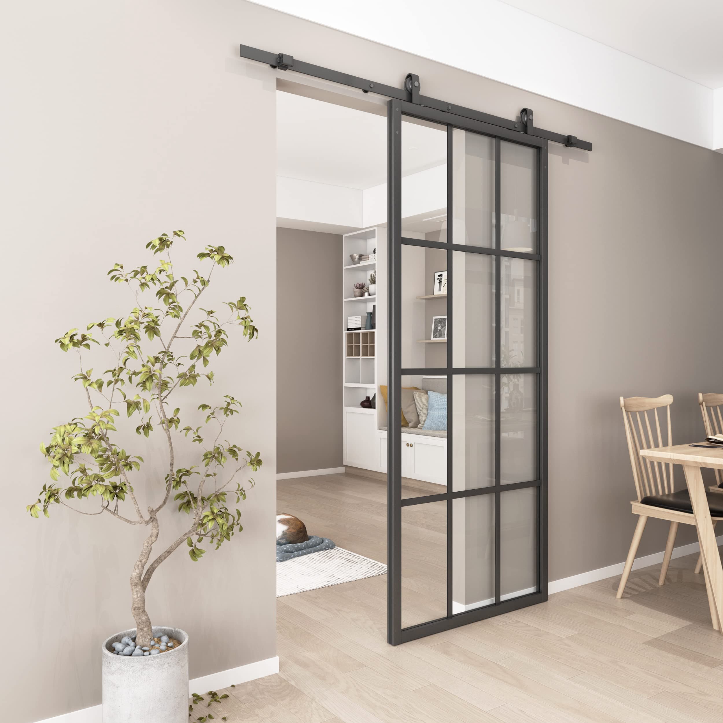 BARNSMITH 6.6FT/200cm Sliding Door Track Kit, Heavy Duty Black Steel Barn Door Rails, POM Ceiling Mount Roller Hanger, for Aluminum Frame Glass Sliding Door