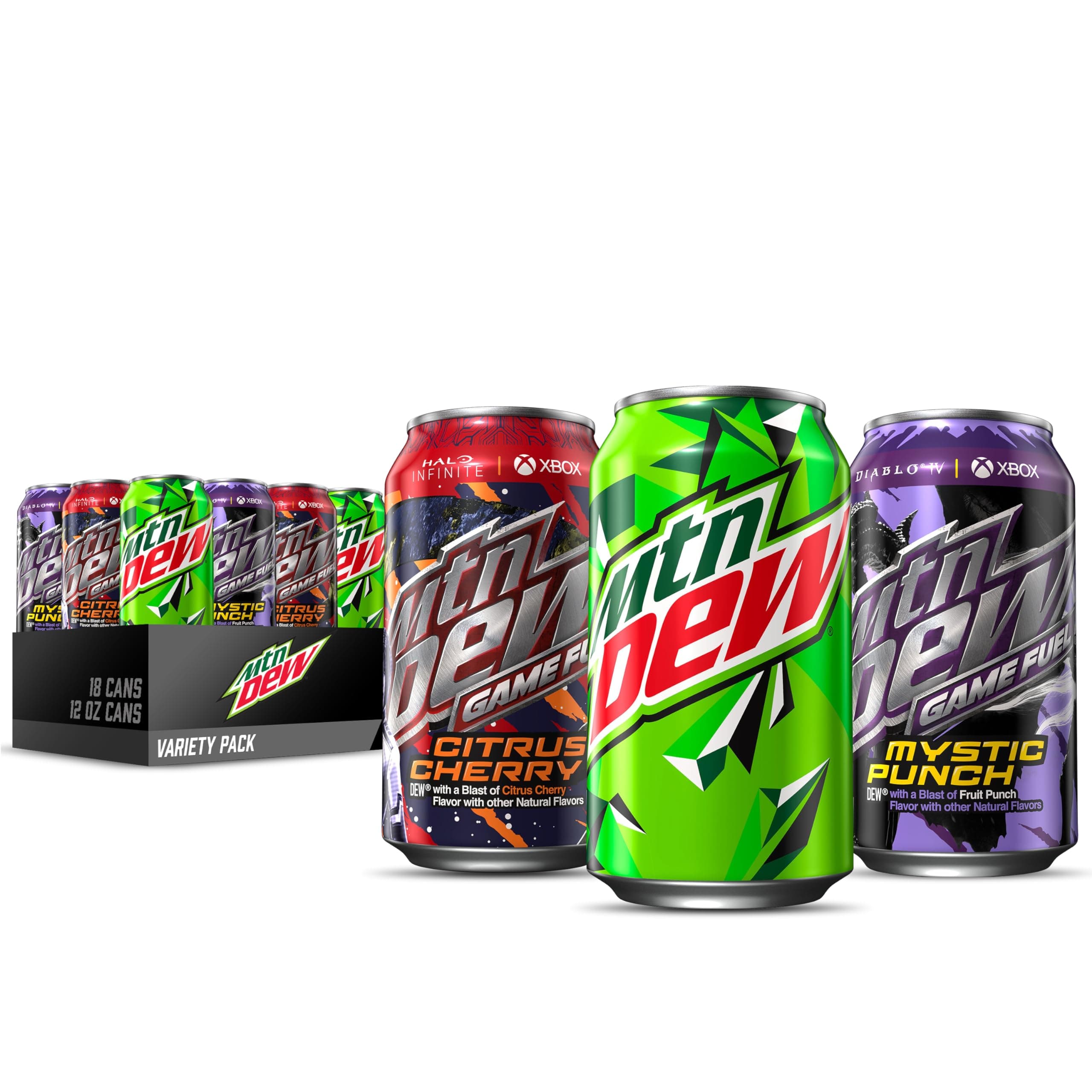 Mountain Dew Game Fuel 3 Flavor Variety Pack (Citrus Cherry, Mystic Punch, Original Dew), 12 Fl Oz (Pack of 18)