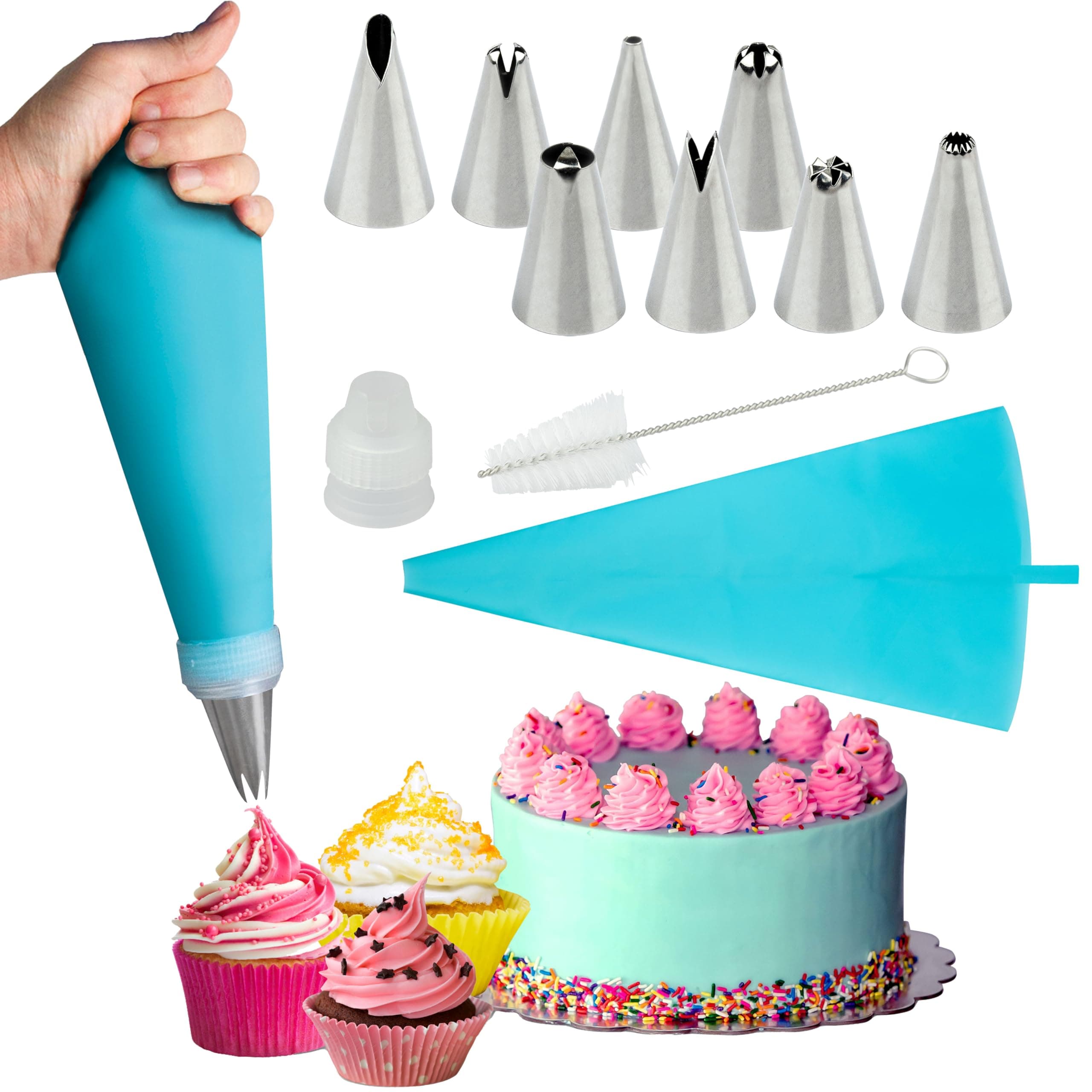 Reusable Silicone Piping Bags and Tips 9pcs Includes 6 Stainless Steel Nozzles Set, 1 Pastry Bag with Coupler & Cleaning Brush for Hygienic Cupcakes & Pastries