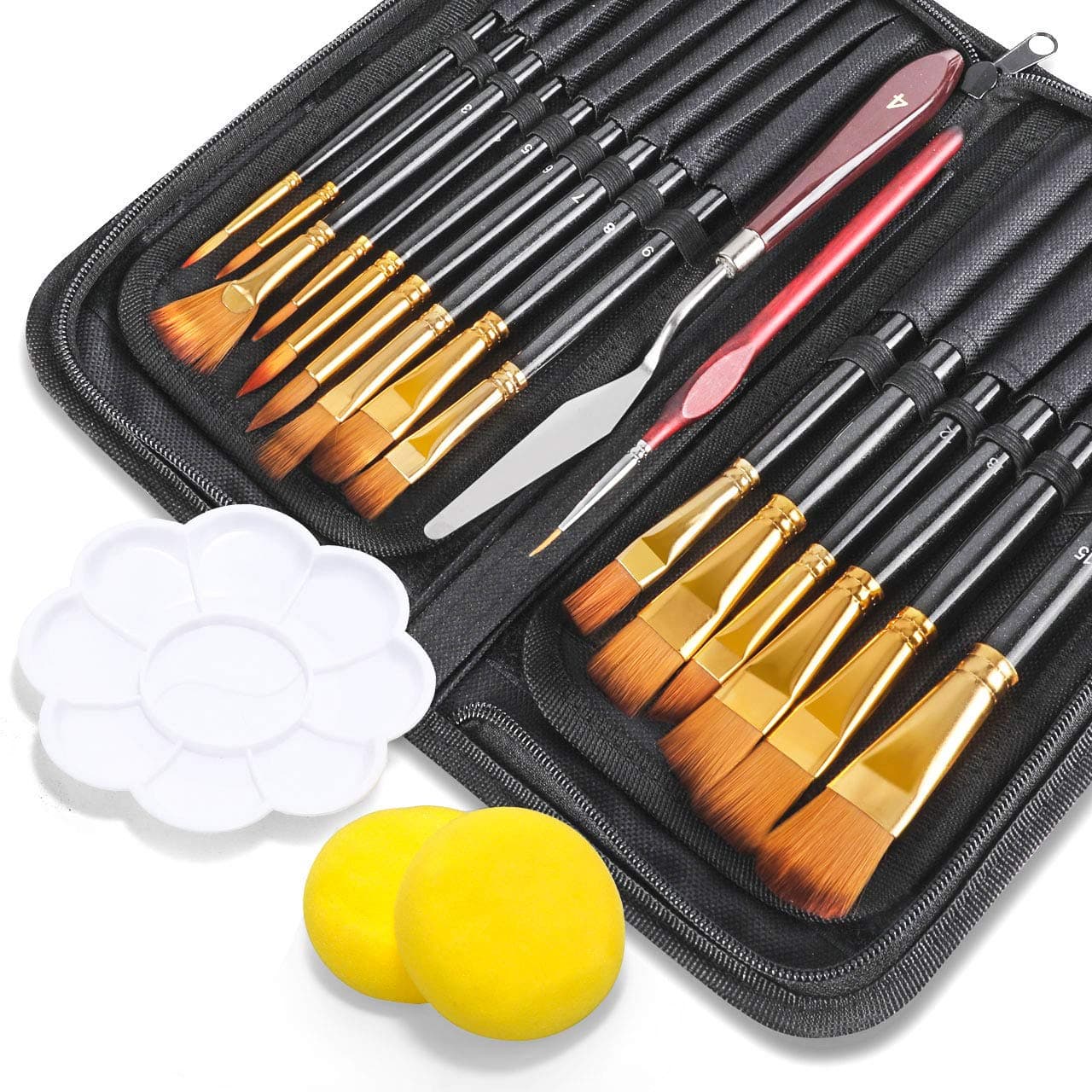 Gifort Paint Brush Set, 20PCS Professional Artist Paint Brushes Set with Painting Knife, Sponge & Palette for Acrylic Watercolor Oil, Brushes with Smooth Bristles & Wooden Handles