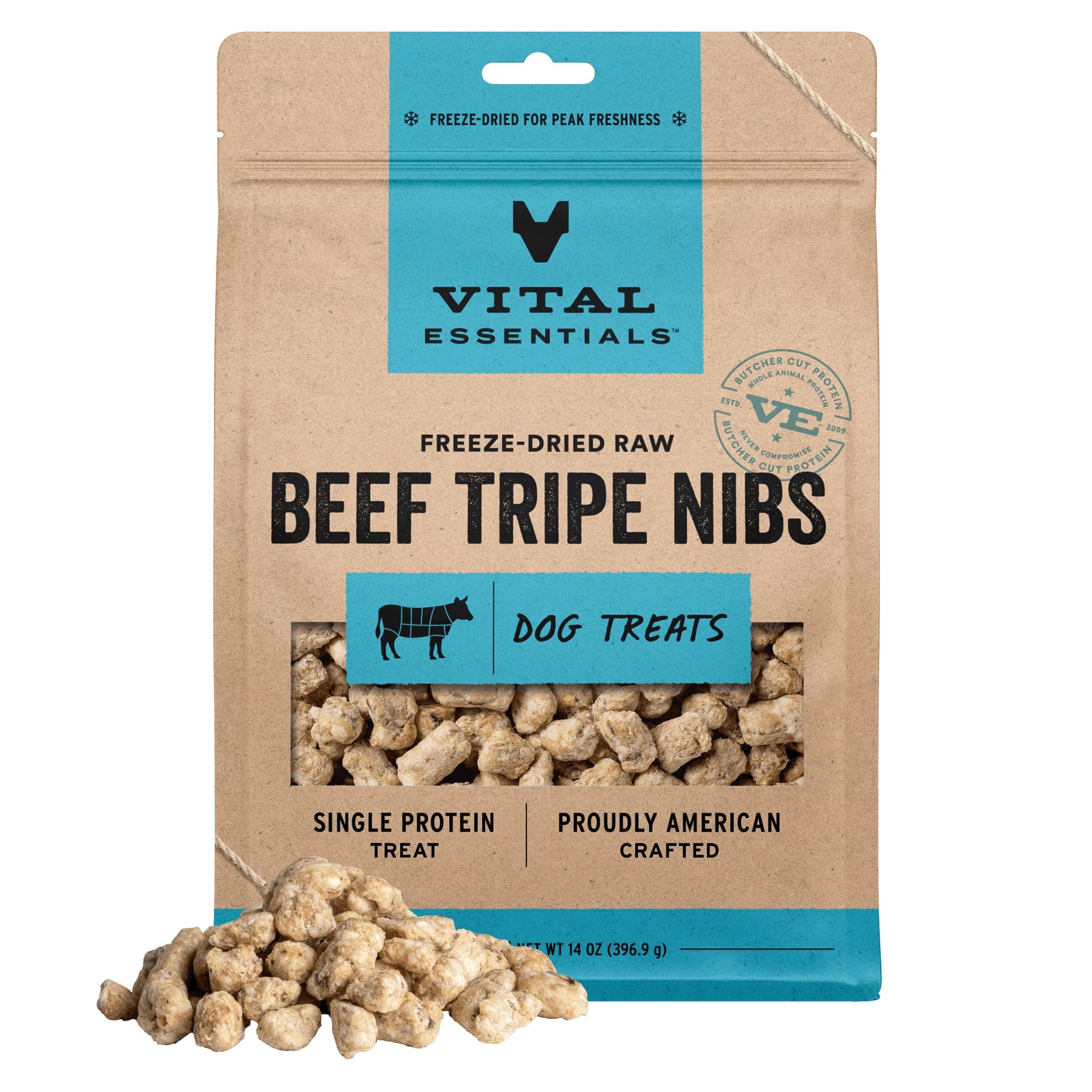 Vital Essentials Freeze Dried Dog Treats | Beef Tripe Nibs (Large Bites), Single Protein | Premium Quality | Grain Free Training Treats for Dogs, 14 oz Bag