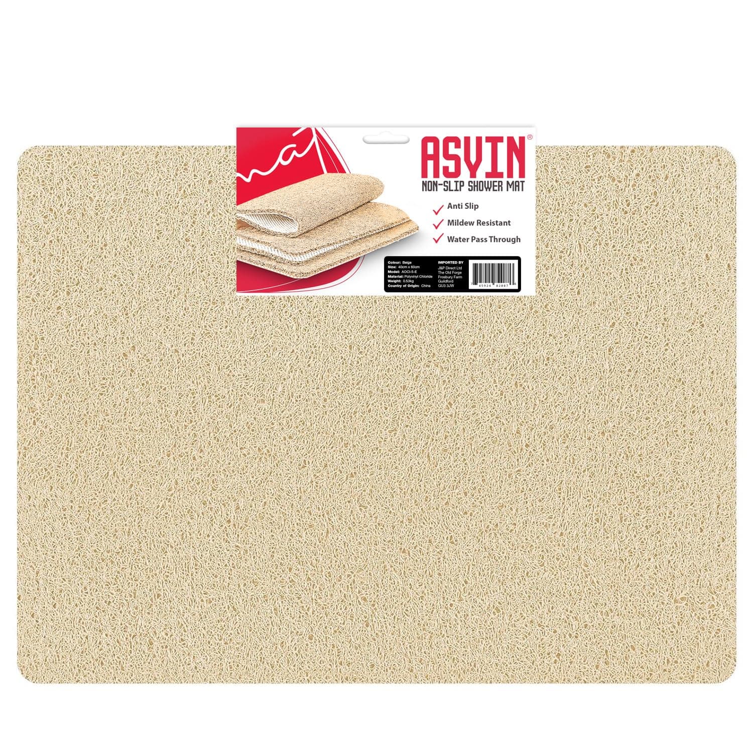 Asvin Large Anti Slip Bath & Shower Mat for Inside Shower & Wet Areas (60x80cm Beige) Quick Drying