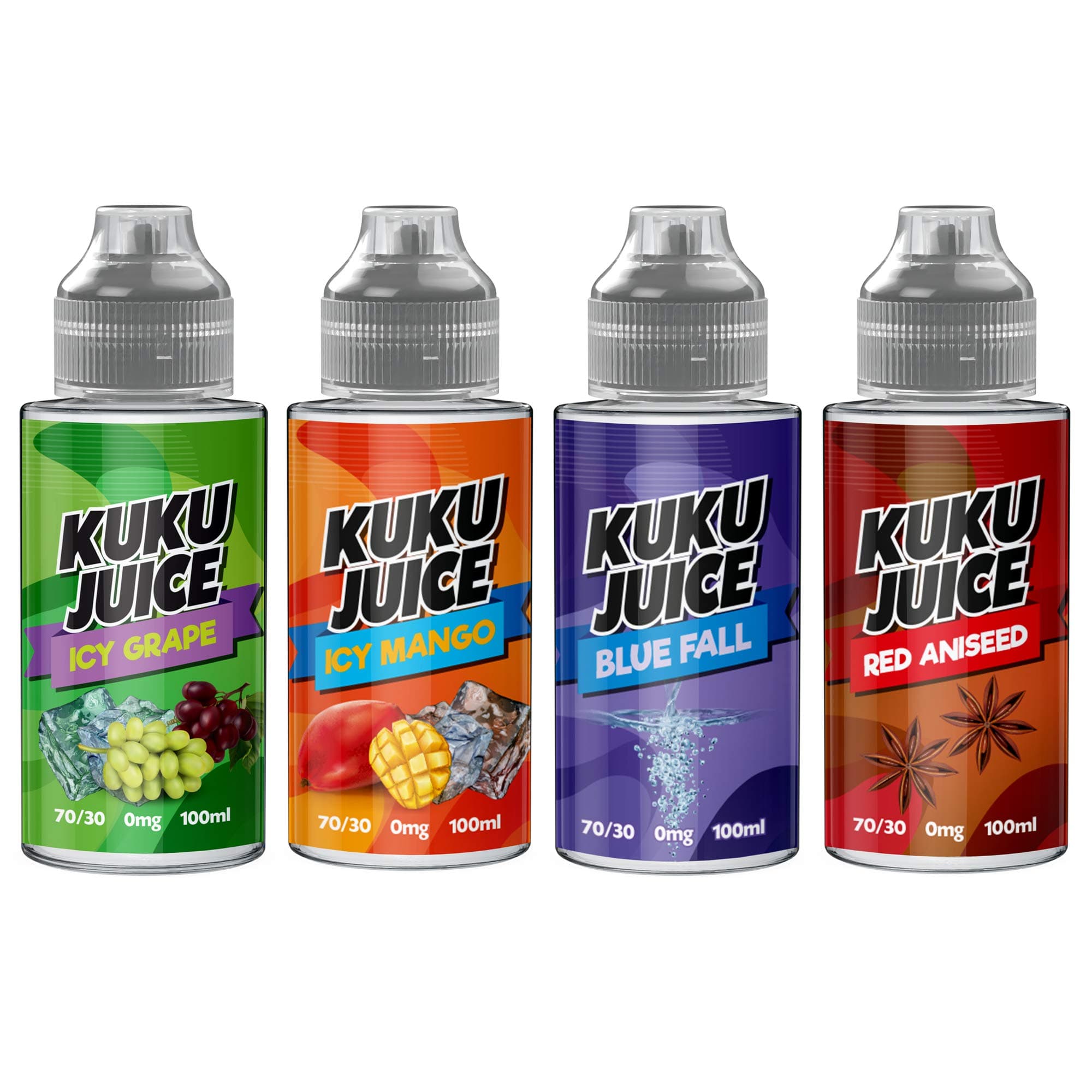 Four ICY Pack - 4 x 100ml ICY Grape, ICY Mango, Blue Fall, Red Aniseed E Liquid 70VG/30PG Vape ELiquid Vaping No Zero Nicotine 0mg 120ml Bottle Short Fill (Kuku Juice E-Liquid)