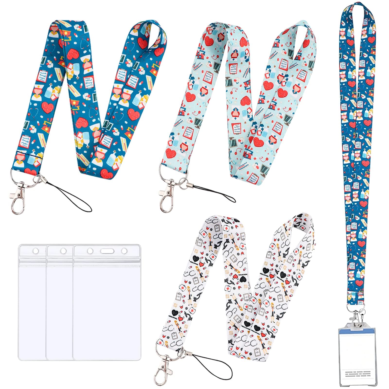 3 Pack Nurse Lanyard with Card Holder for ID Keys, NHS Lanyard Including 3 PCS Neck Strap Nurse Lanyards and 3 PCS Waterproof Transparent Badge Holders for ID Card, Phone, Office School Supplies