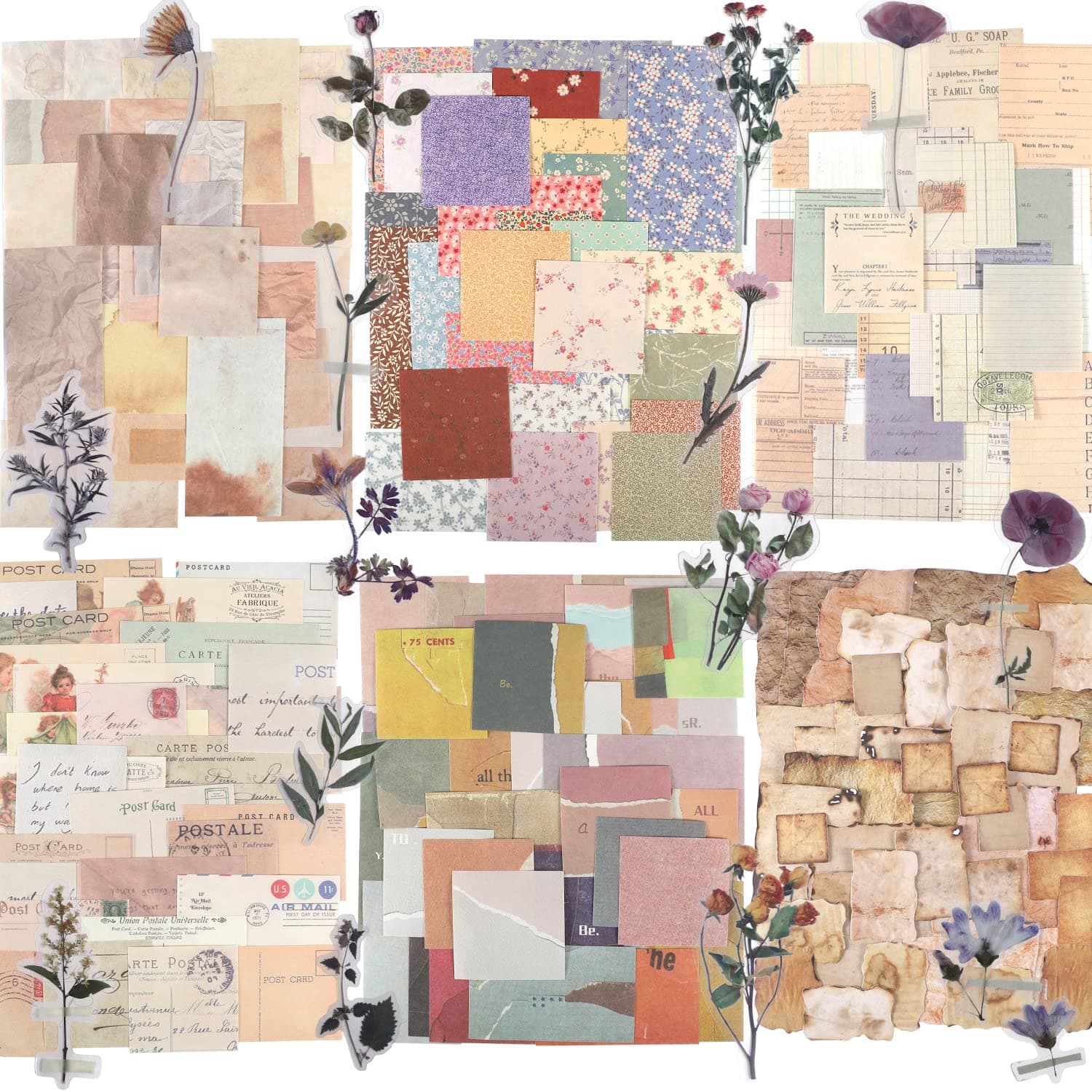 445 PCS Vintage Scrapbook Paper Journaling Scrapbooking Supplies Kit Aesthetic Decorative Craft Paper Include 40 Sheet Flowers Stickers for Planner, Bullet Journaling, Junk Journal, Retro Crafts