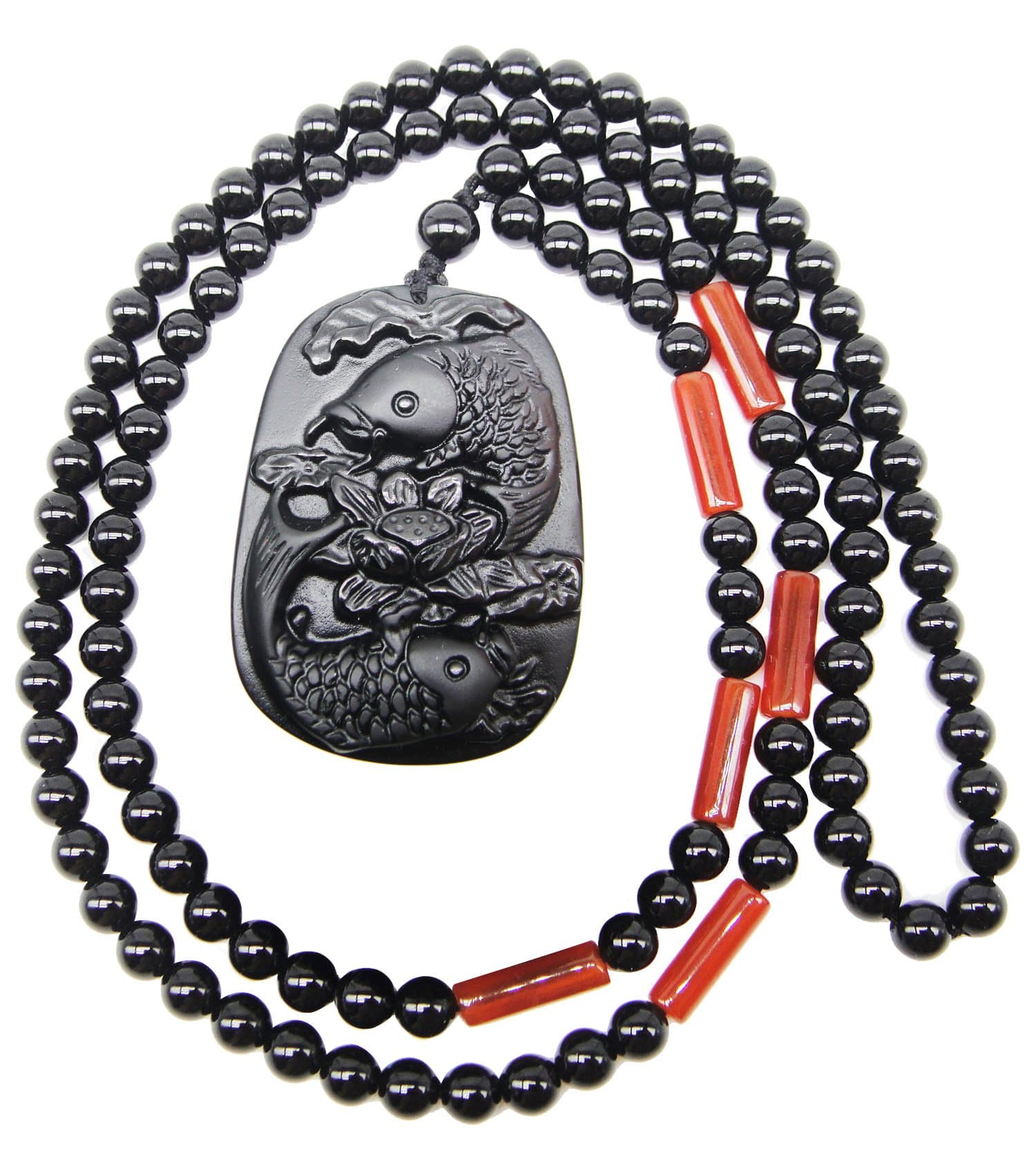 Happypaw SUNNYHER Handmade Obsidian Apache Tears Stone Pendant Jewelry Koi Fish Lotus Chinese Feng Shui Amulet Beaded Long Chain Necklace