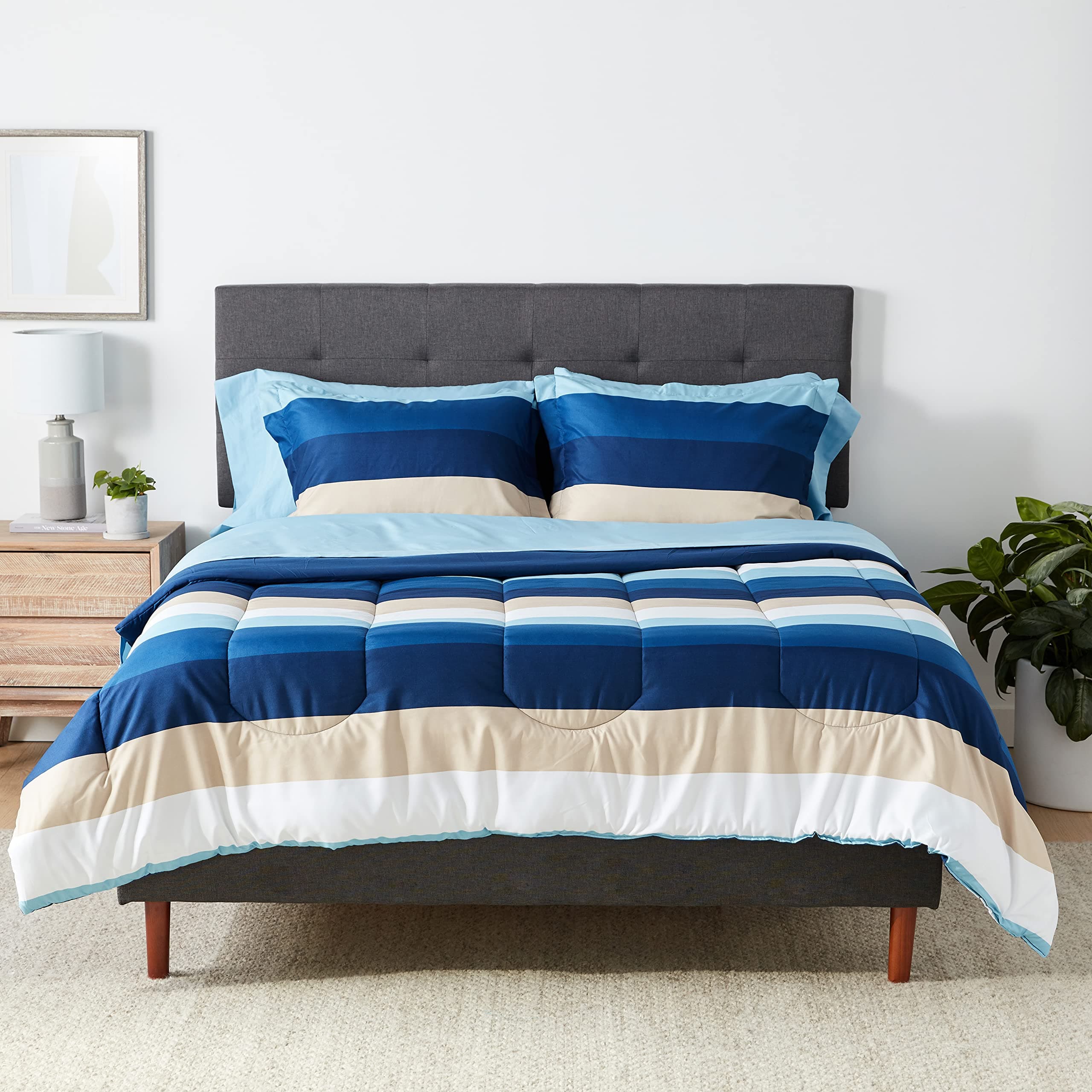 Amazon Basics Full/Queen Comforter Set with Sheets, 7-Piece Blue Stripe Bedding, Lightweight Microfiber Bed-in-a-Bag, Striped