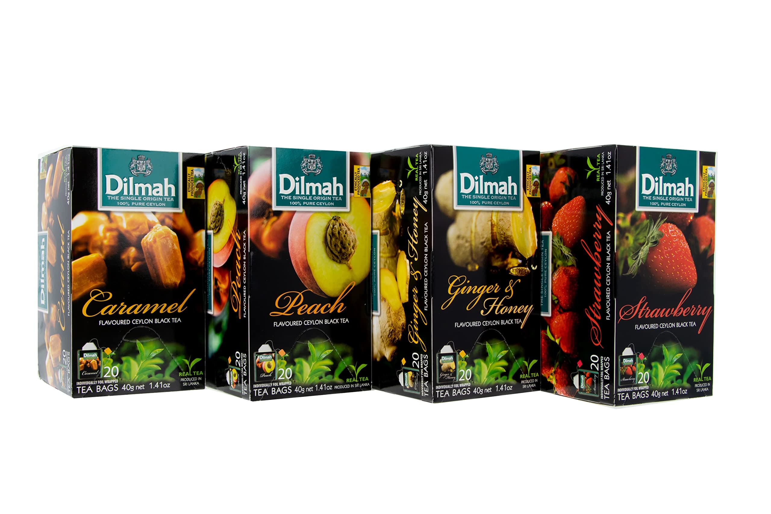 Dilmah Flavored Black Tea Variety Pack - 80 Tea Bags (Individually Wrapped) - Caramel, Strawberry, Peach, Ginger & Honey (Brew Hot, Iced Tea)
