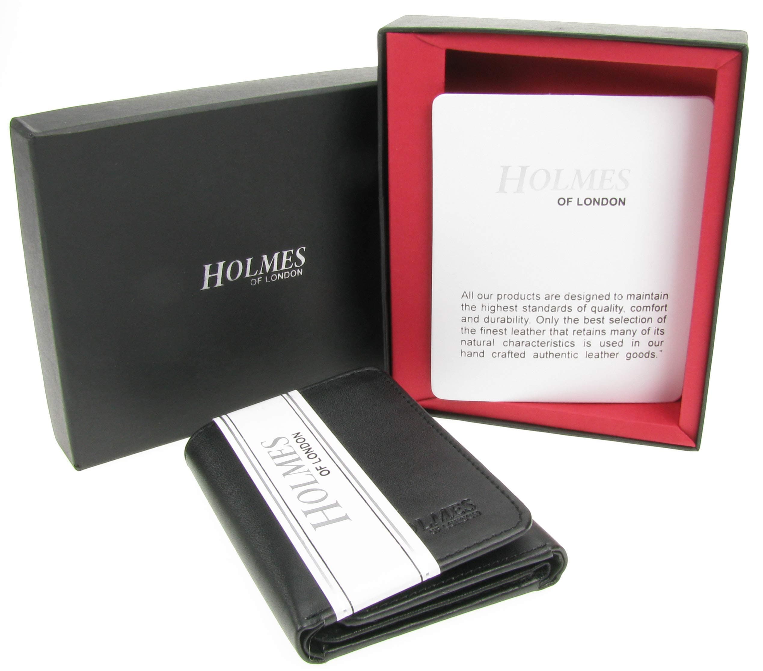 Holmes of London Mens Real Leather Black Tri fold Wallet Credit Card Holder Gift Box UK New BL210