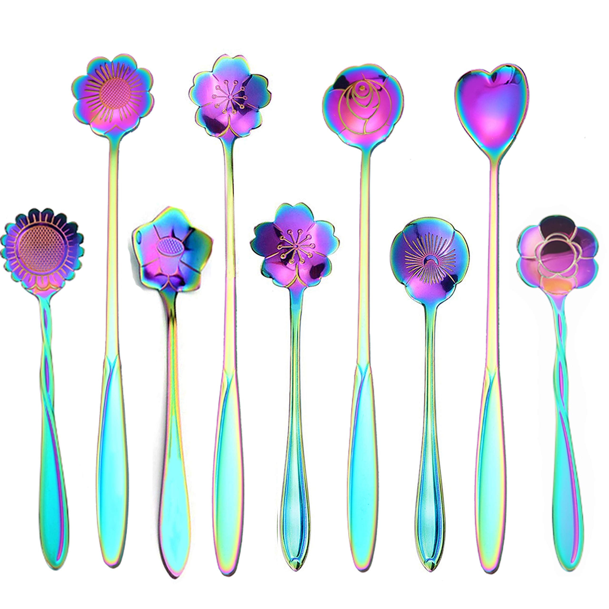 ESRISE 9 Pcs Flower Spoon Coffee Teaspoon Set, Stainless Steel Tea Spoon Dessert Spoon, Cute Demitasse Scoop for Stirring Drink Mixing Milkshake Jam (Multi)