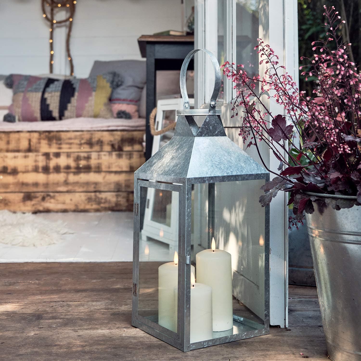 Outdoor Large Galvanised Floor Lantern TruGlow LED Candles Timer